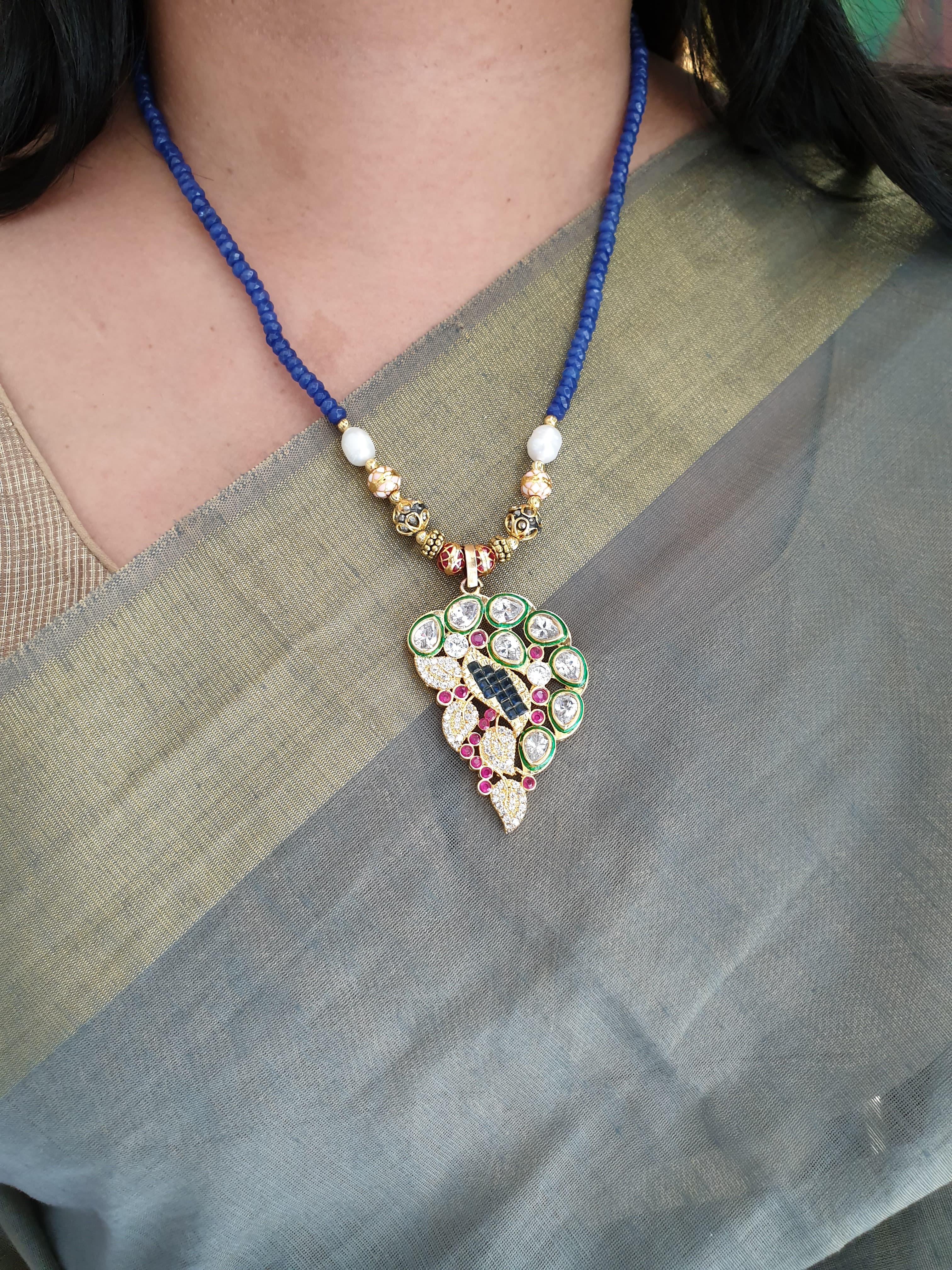 Kundan Jal Puwai Blue Stone Pendant Set With Earrings