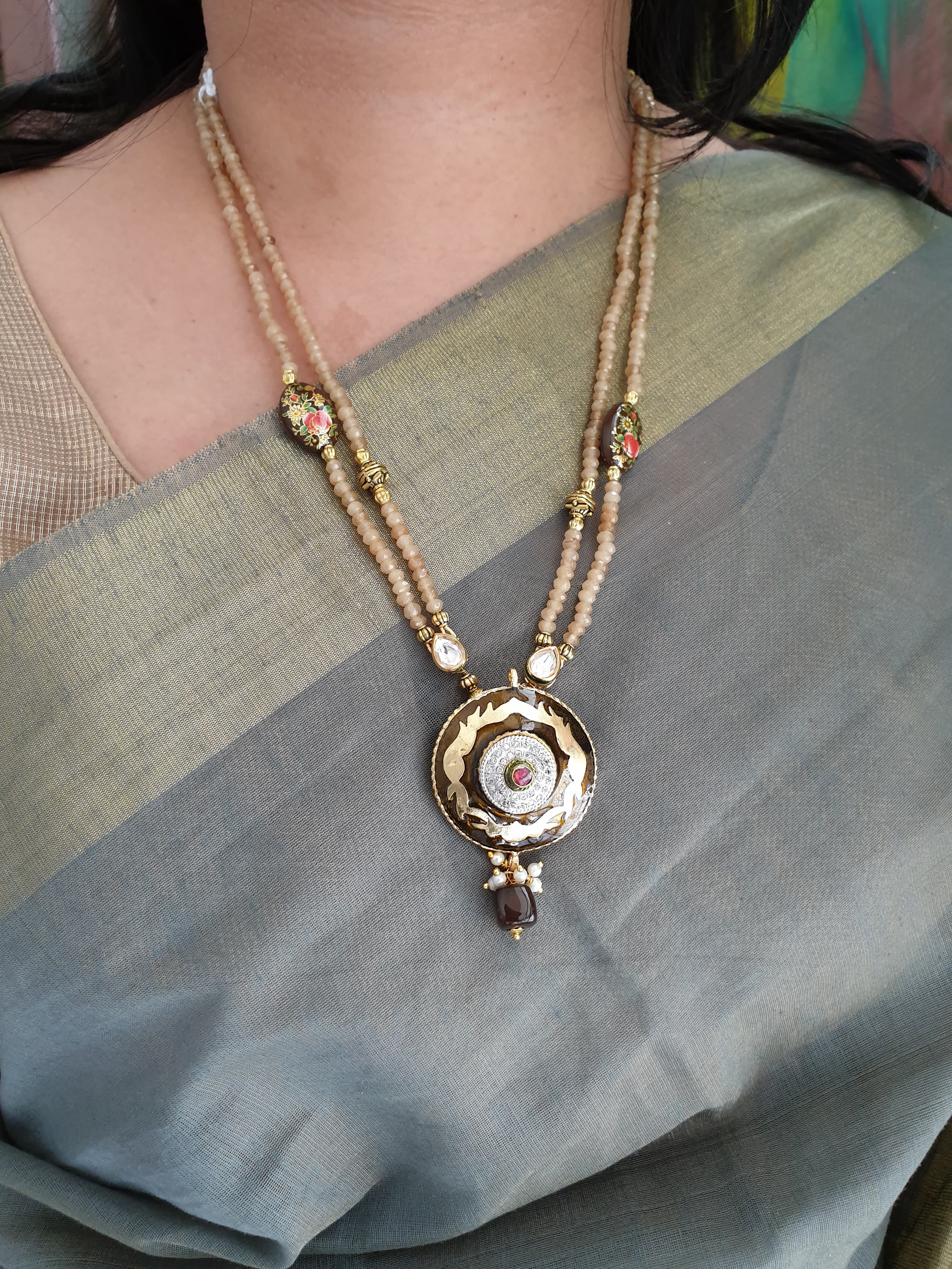 Golden Brown Meenakari Pendant With Earrings