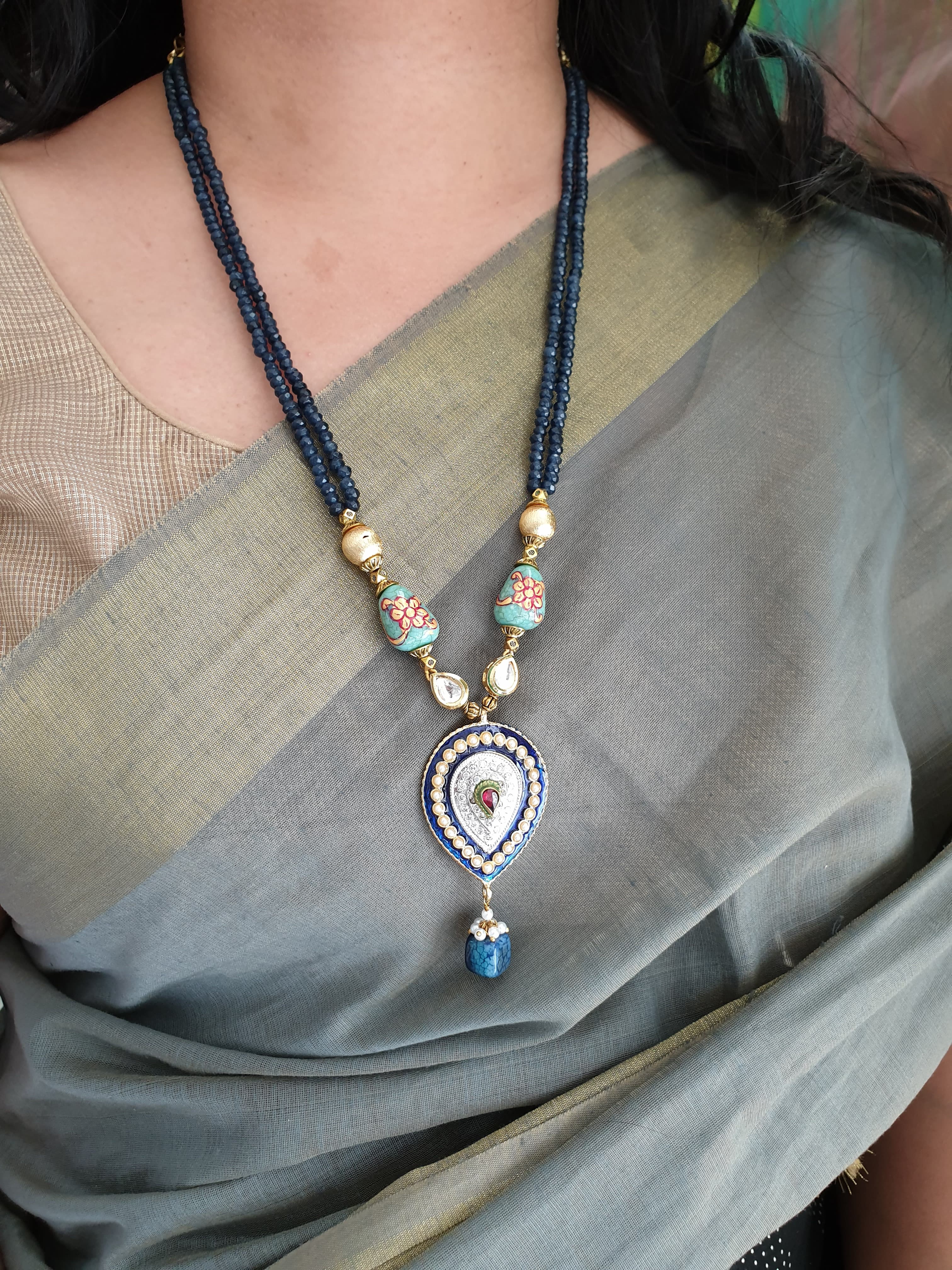 Dark Blue Beaded Meenakari Pendant Set With Earrings