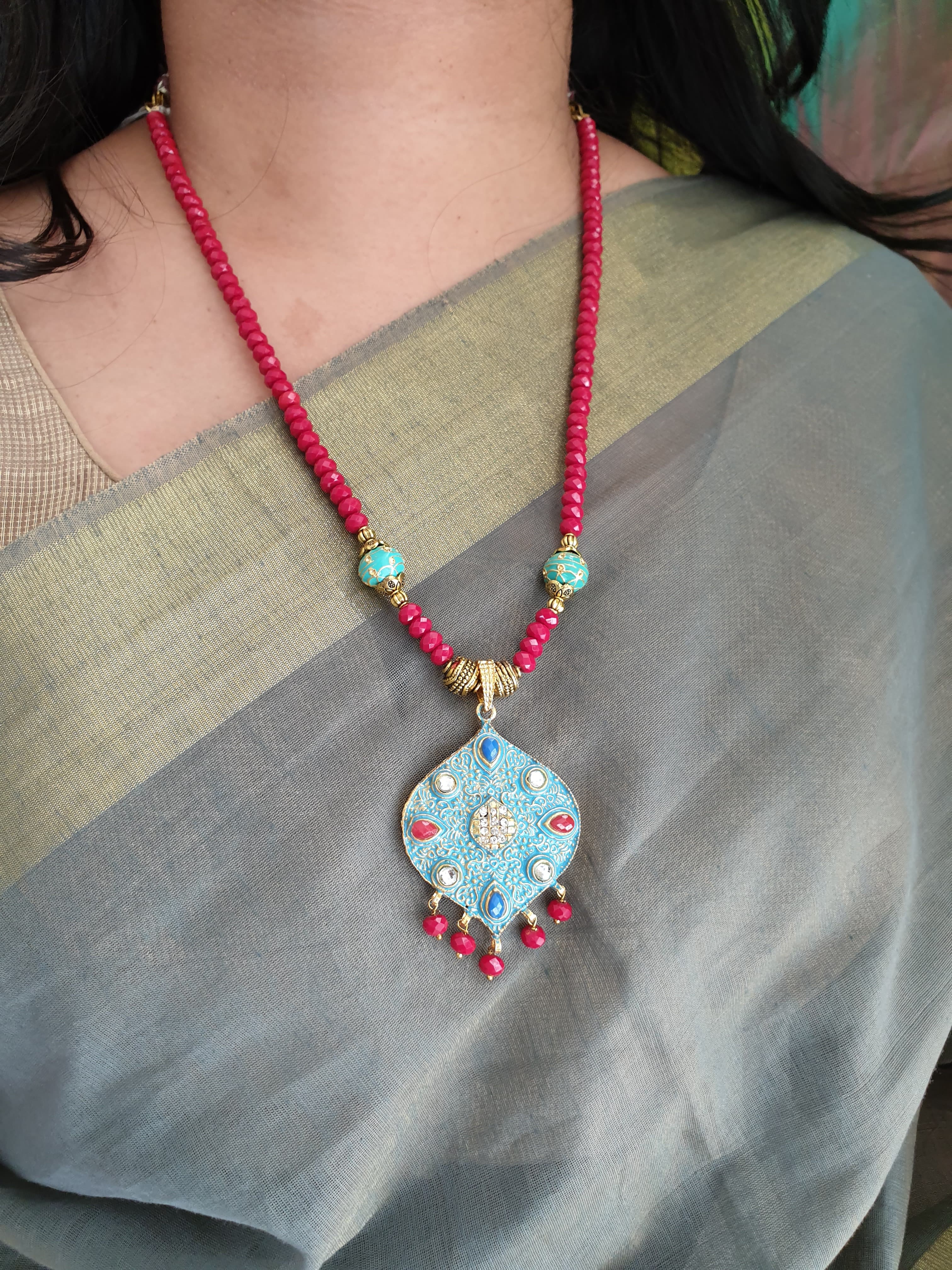 Coral Color Beads With Meenakari Pendant and Earrings