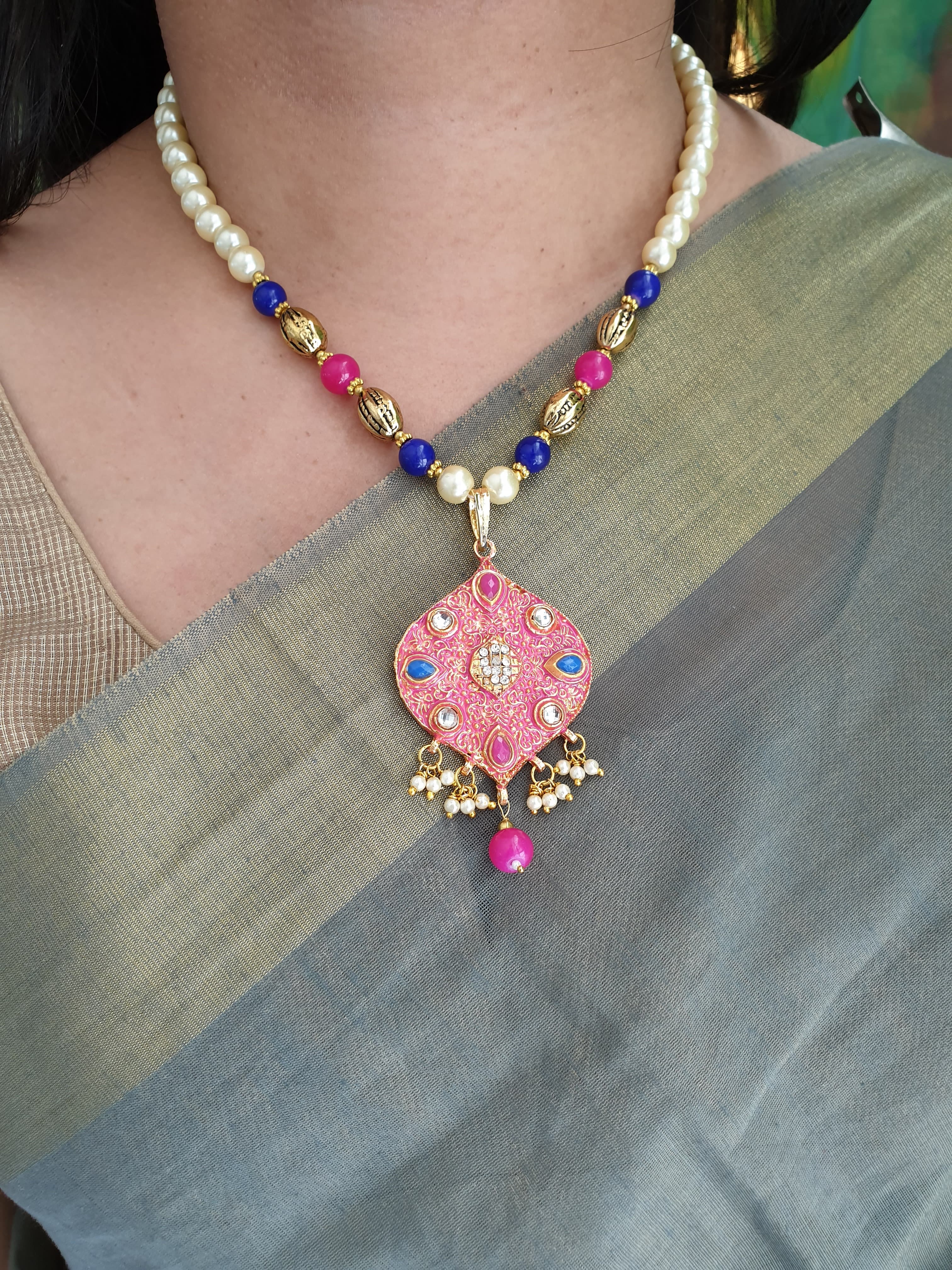 Pearl Beads Stone Pink Meenakari Pendant With Earrings