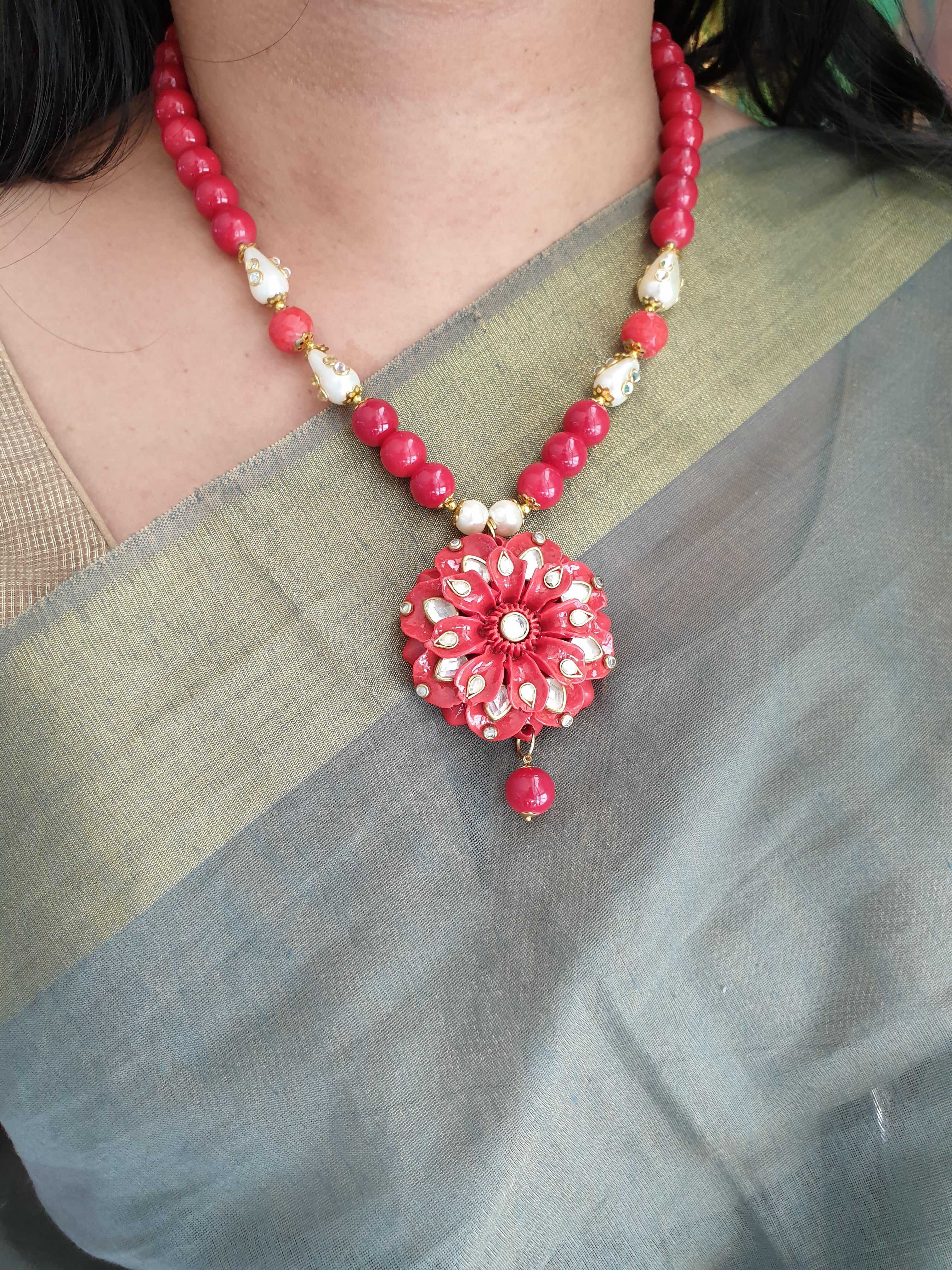 Red Floral Designer Kundan Pendant Set With Earrings