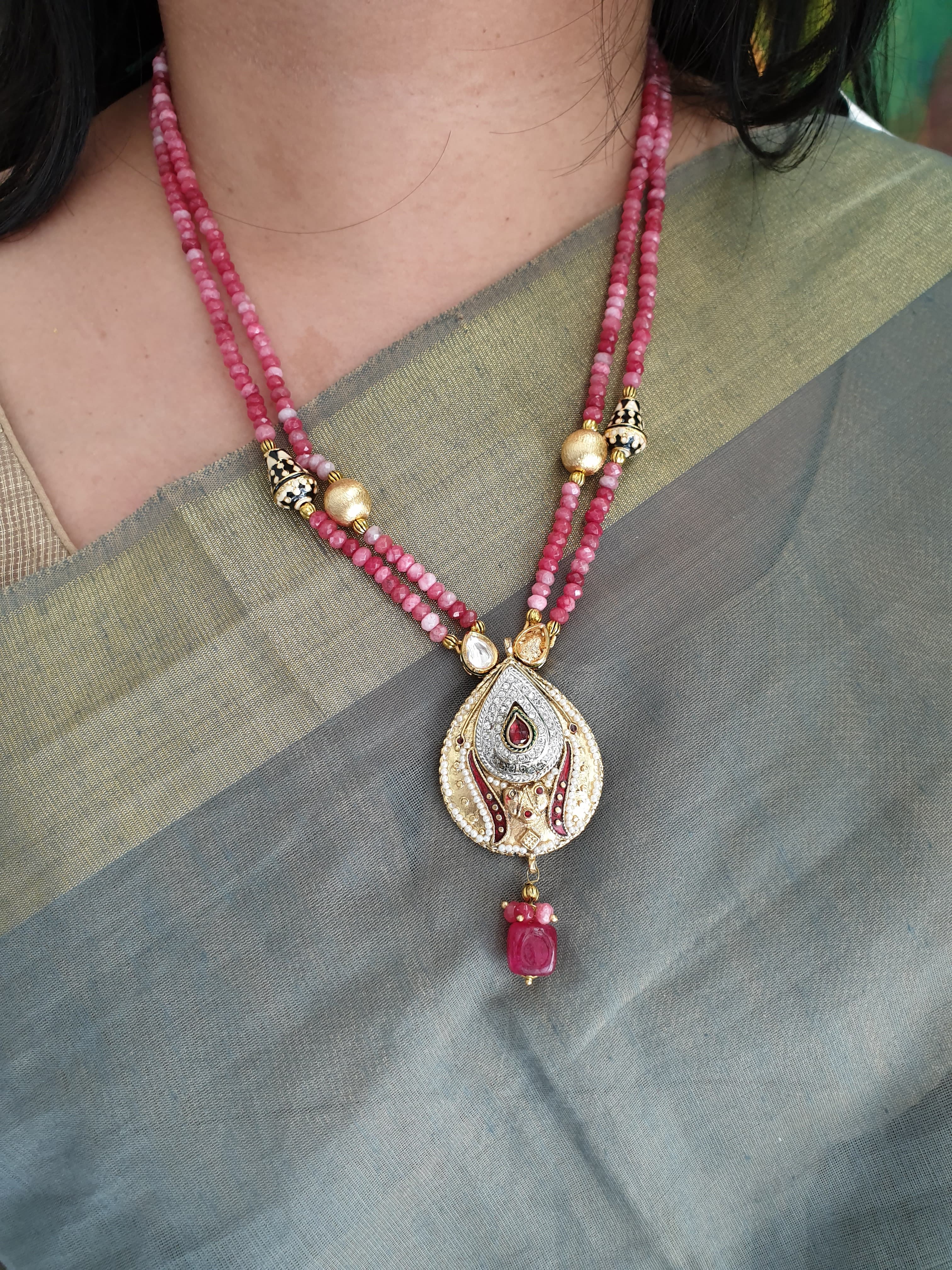 Pink Beaded Red Meenakari Pendant Set With Earrings