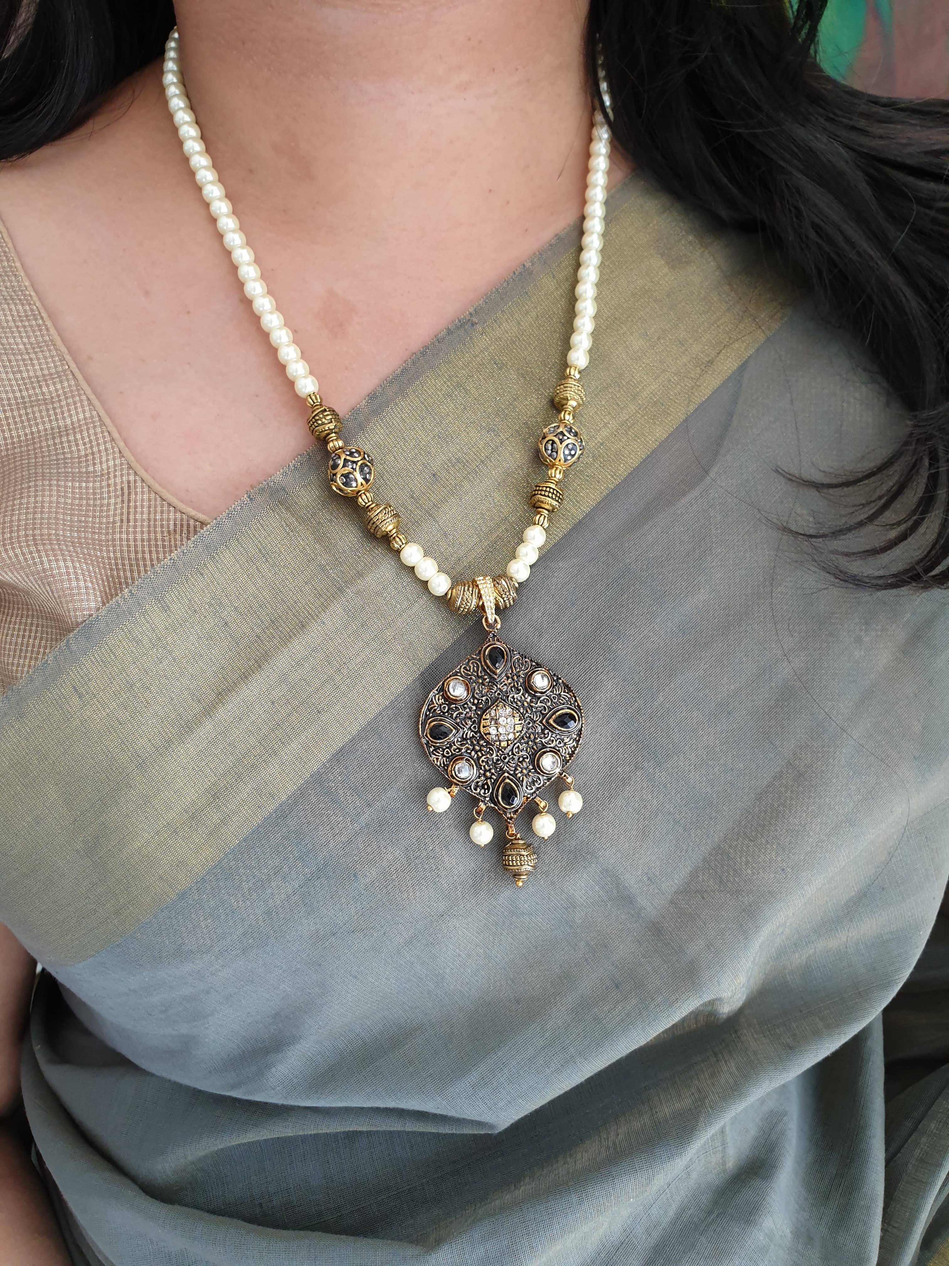 Pearl Beads Antique Tone Pendant With Earrings