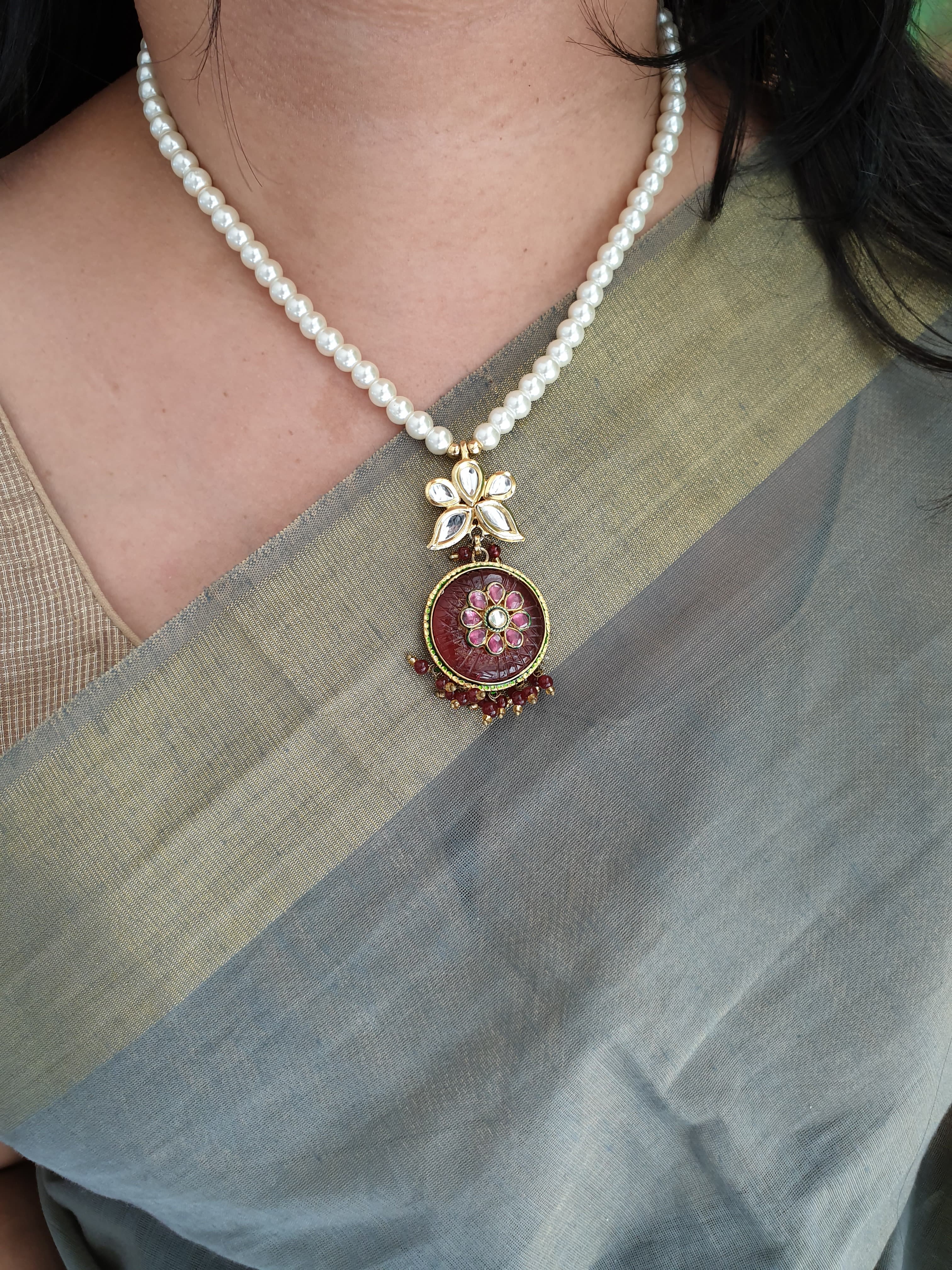 Pearl Beads Stone Kundan Pendant With Earrings