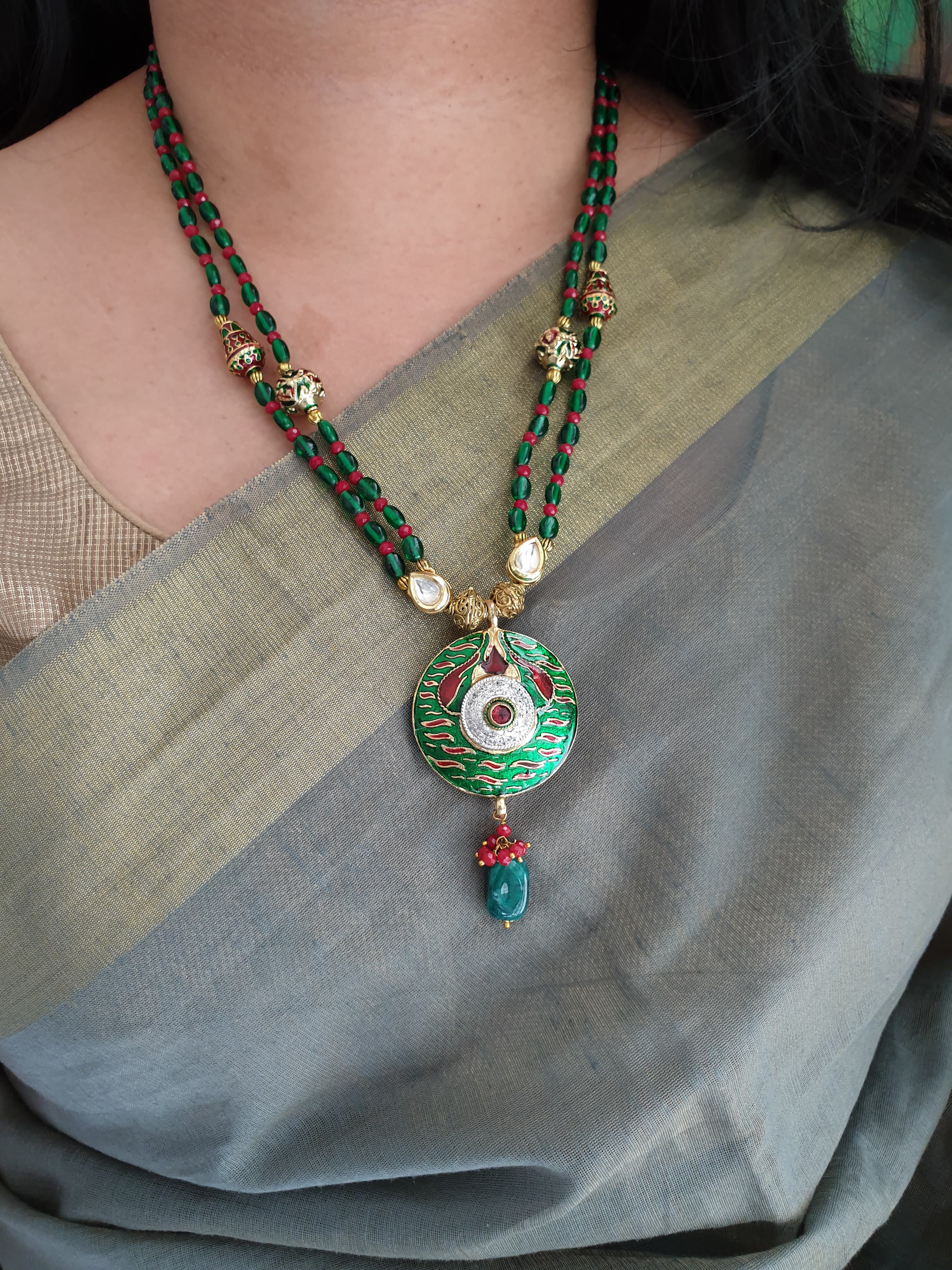 Green Round Meenakari Pendant Set With Earrings