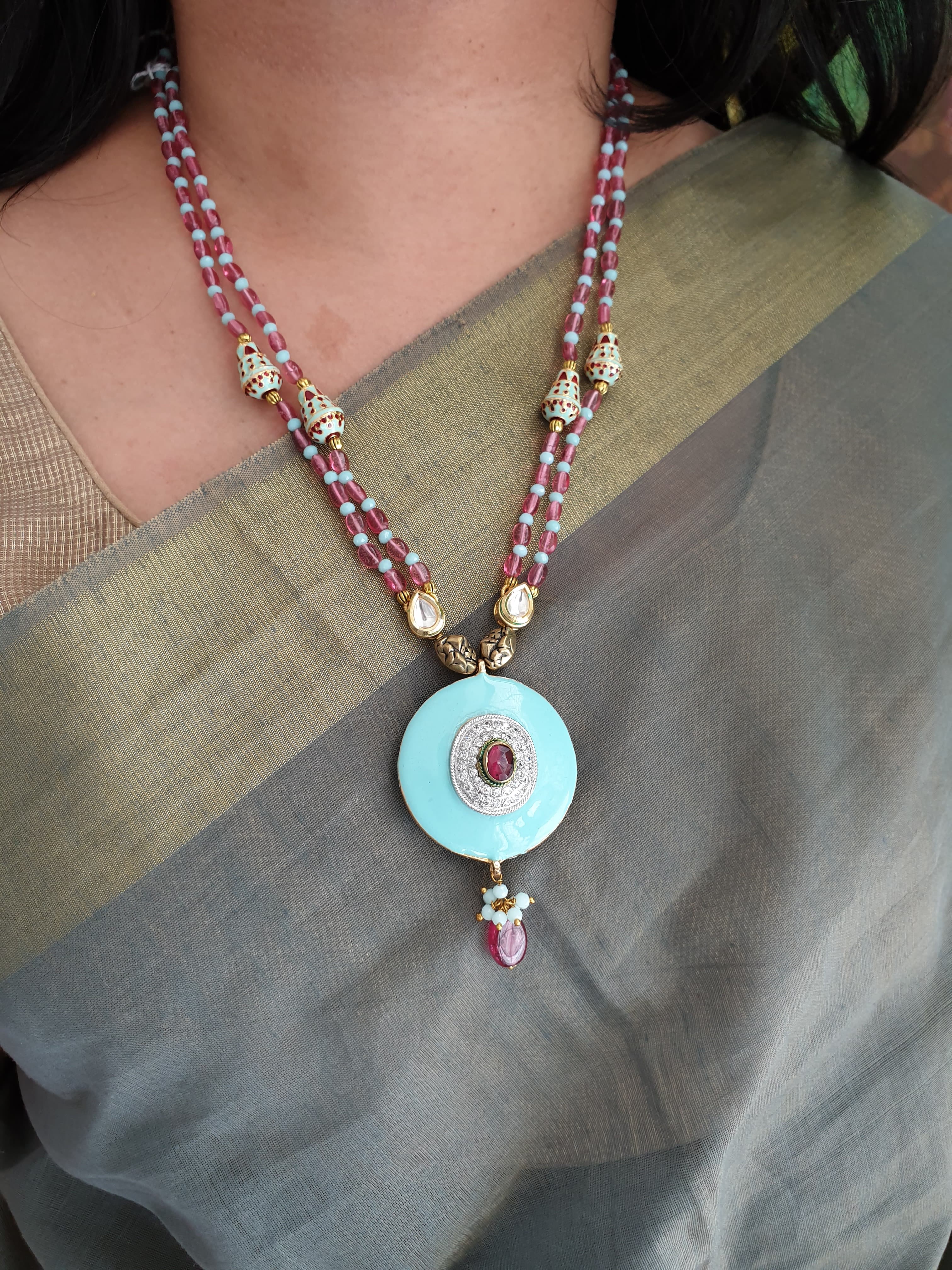 Pink Beads Stone Turquoise Pendant With Earrings