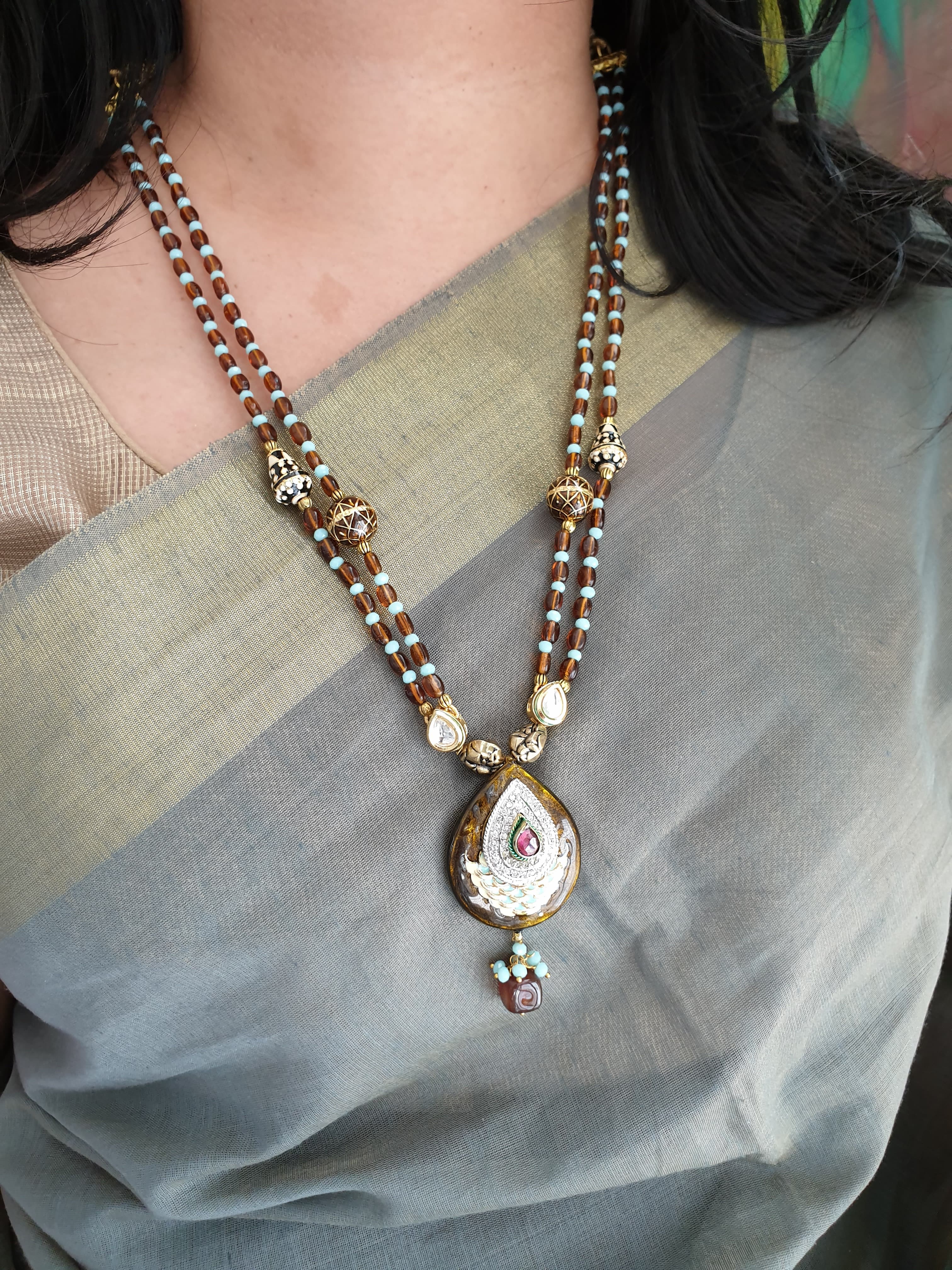 Golden Meenakari Turquoise Beaded Pendant Set