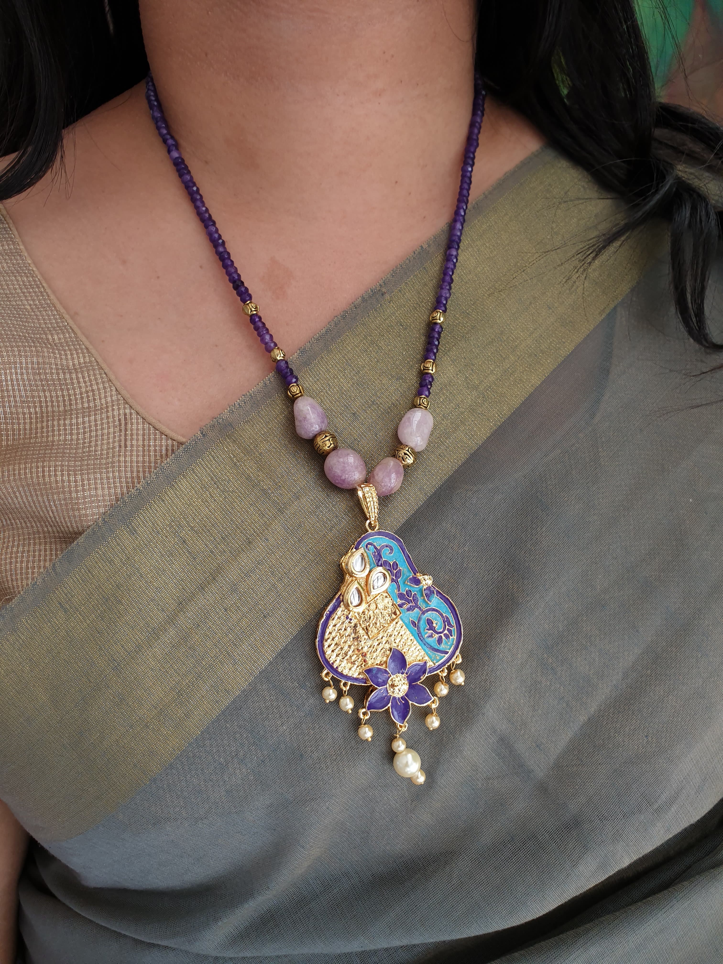 Purple Stone Beads Fusion Pendant With Earrings