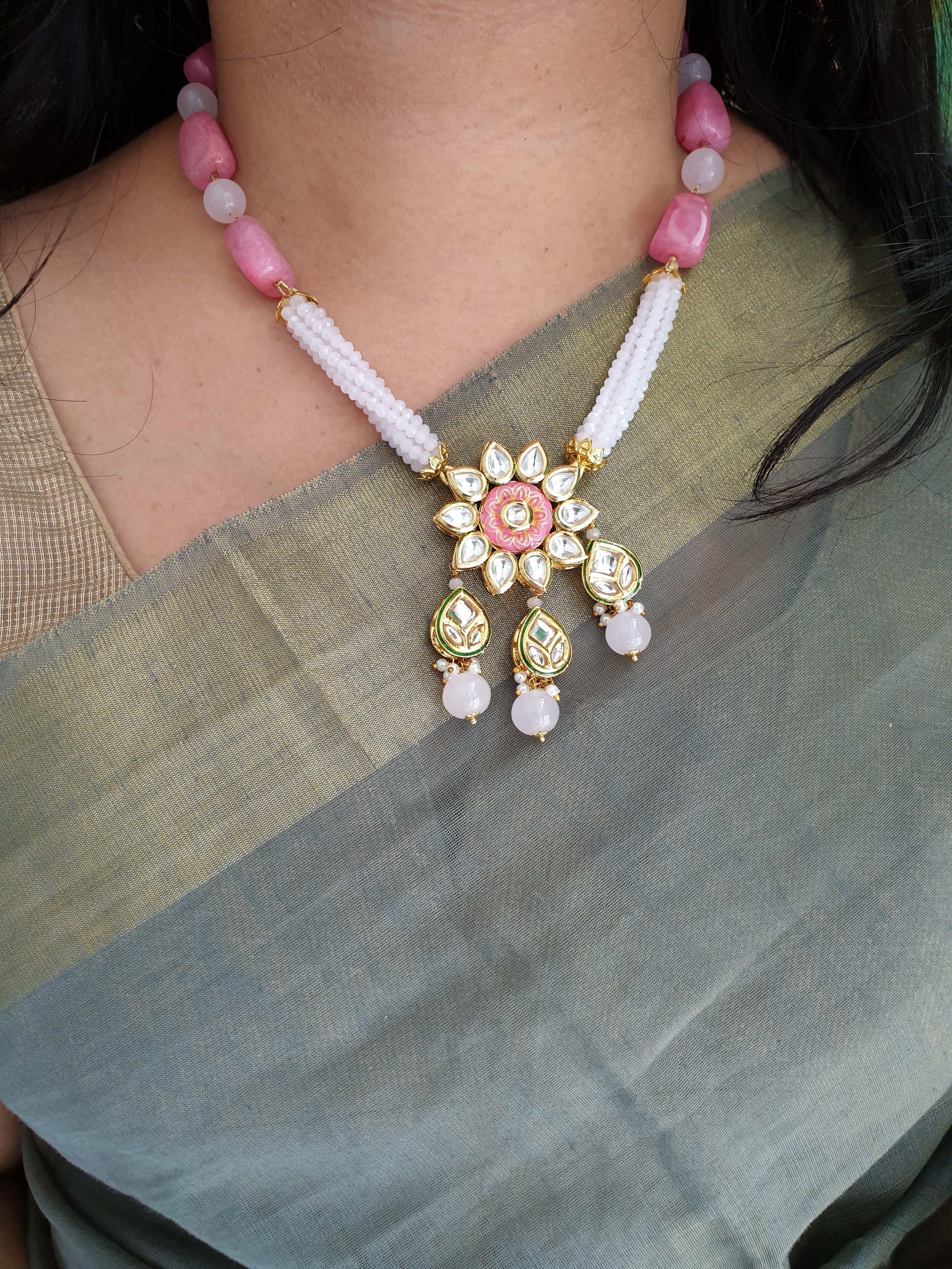 Pink Kundan Meenakari Small Pendant With Earrings