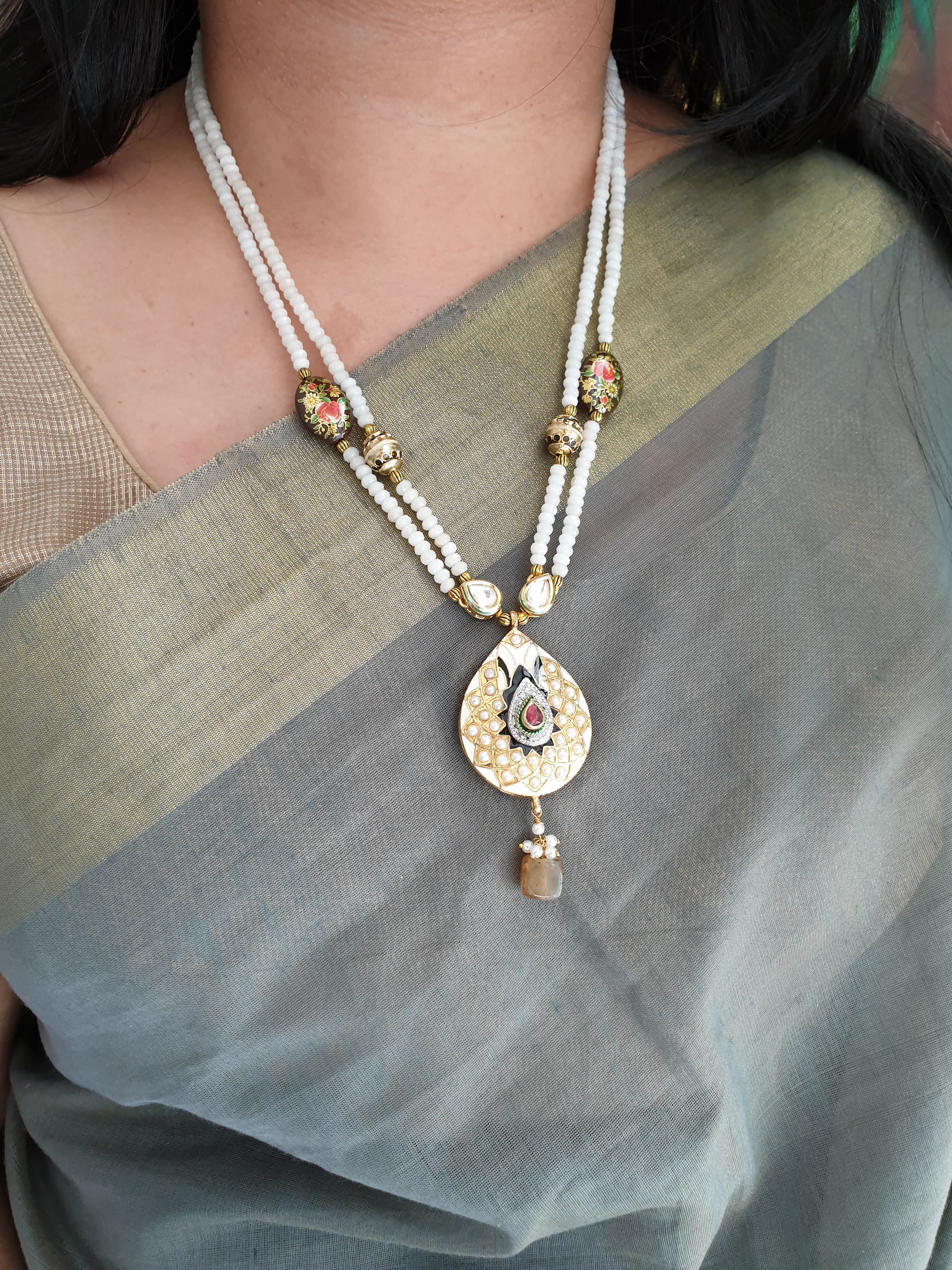 Tear-Drop Fusion Meenakari Pendant With Earrings