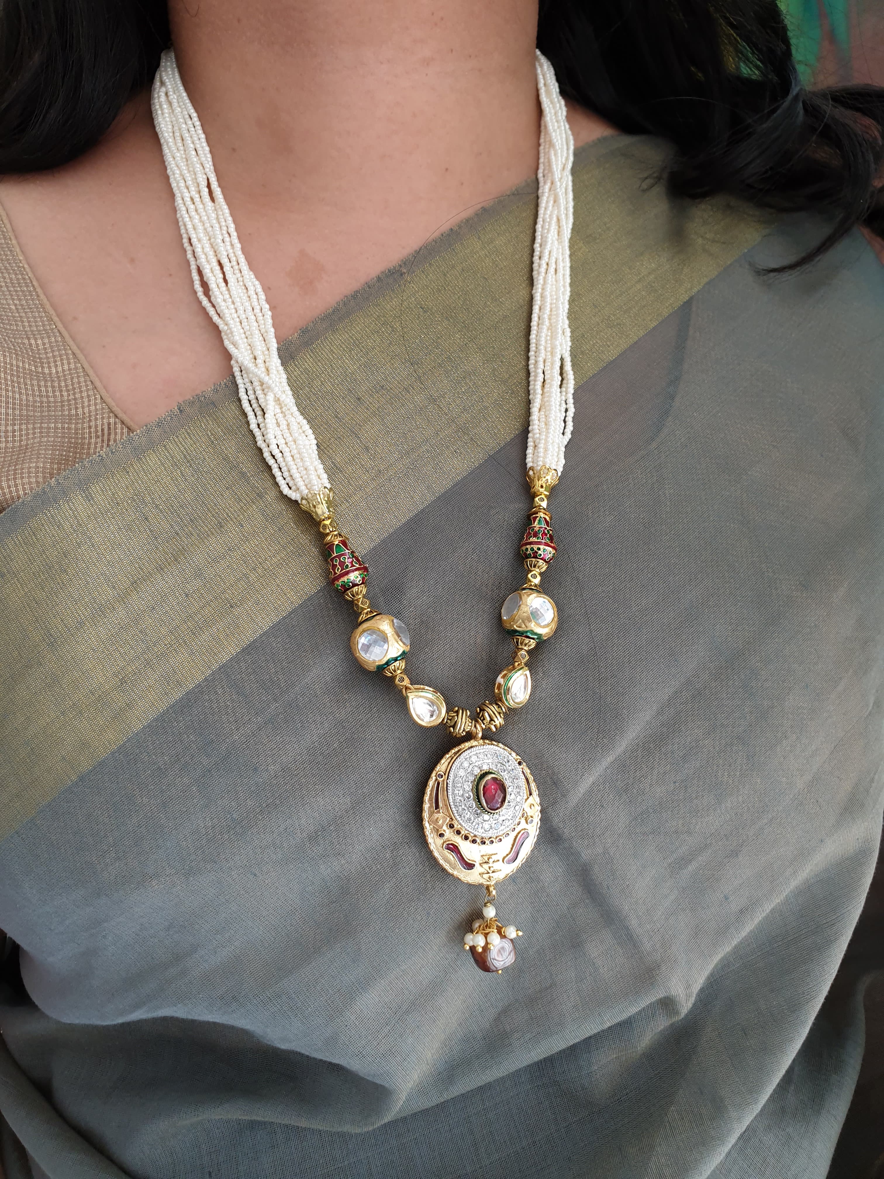 Golden Seed Bead Meenakari Pendant Set With Earrings