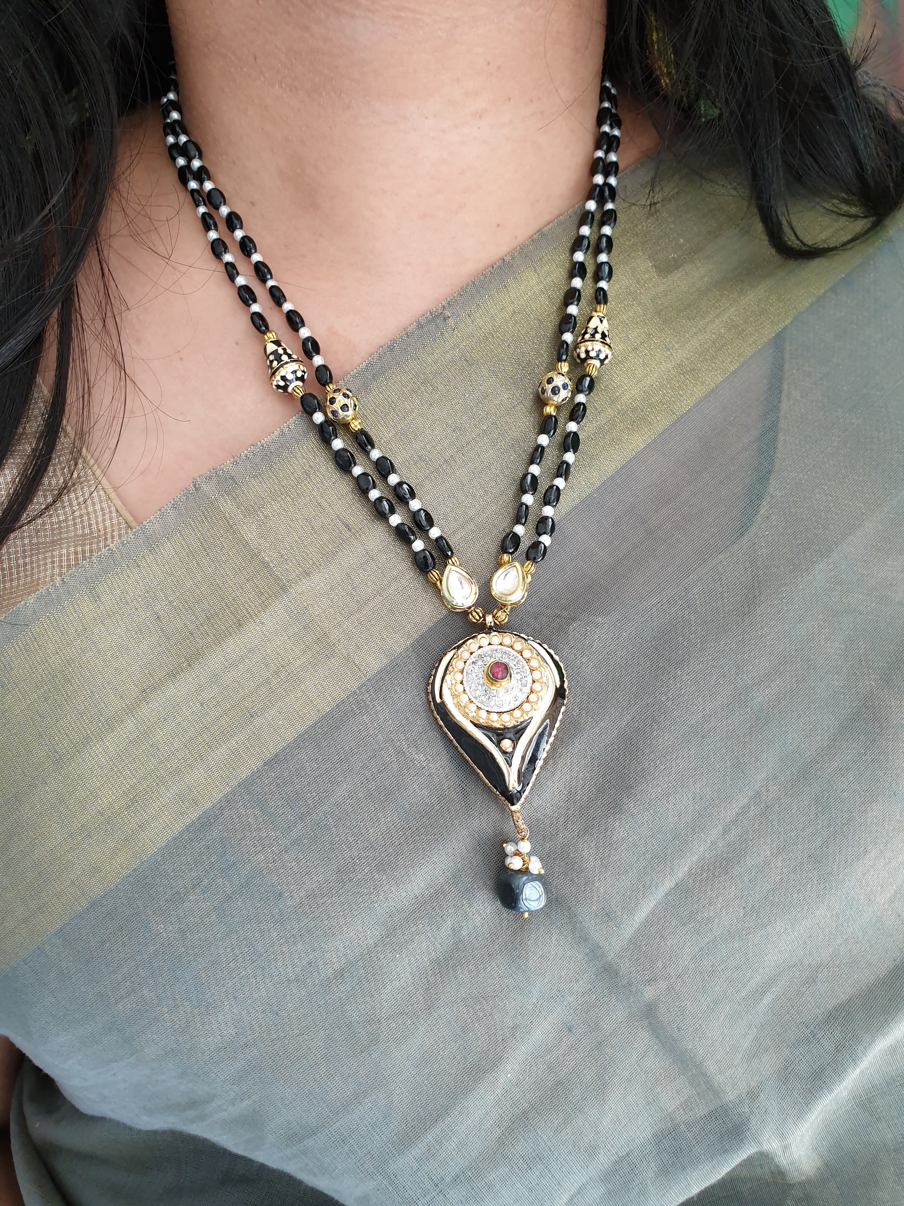 Black Meenakari Pendant With Earrings