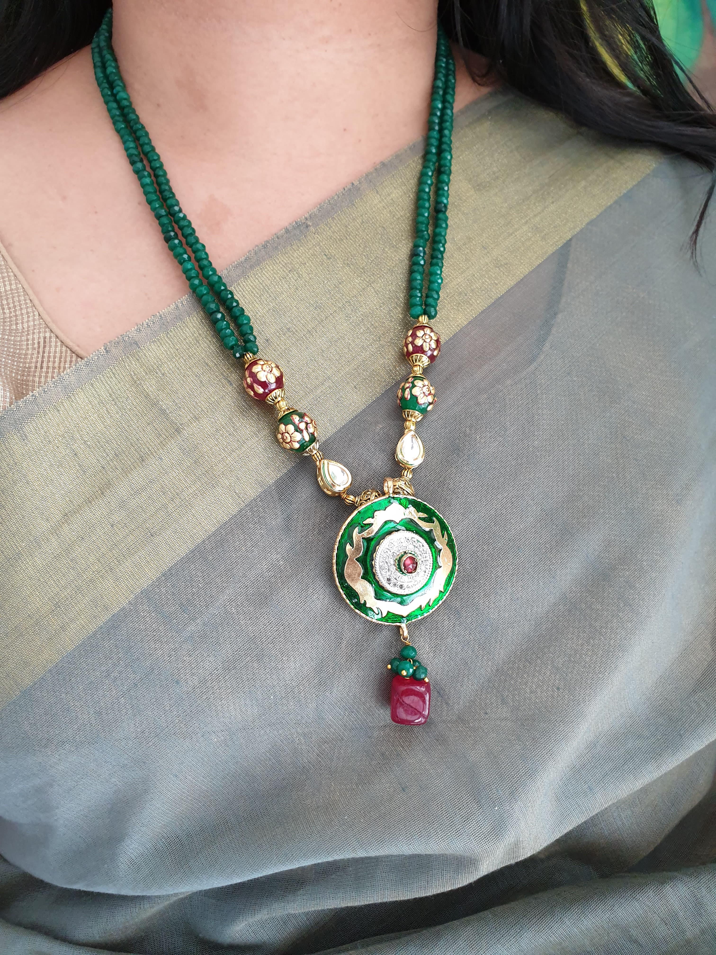Green Beaded Round Meenakari Pendant Set With Earrings