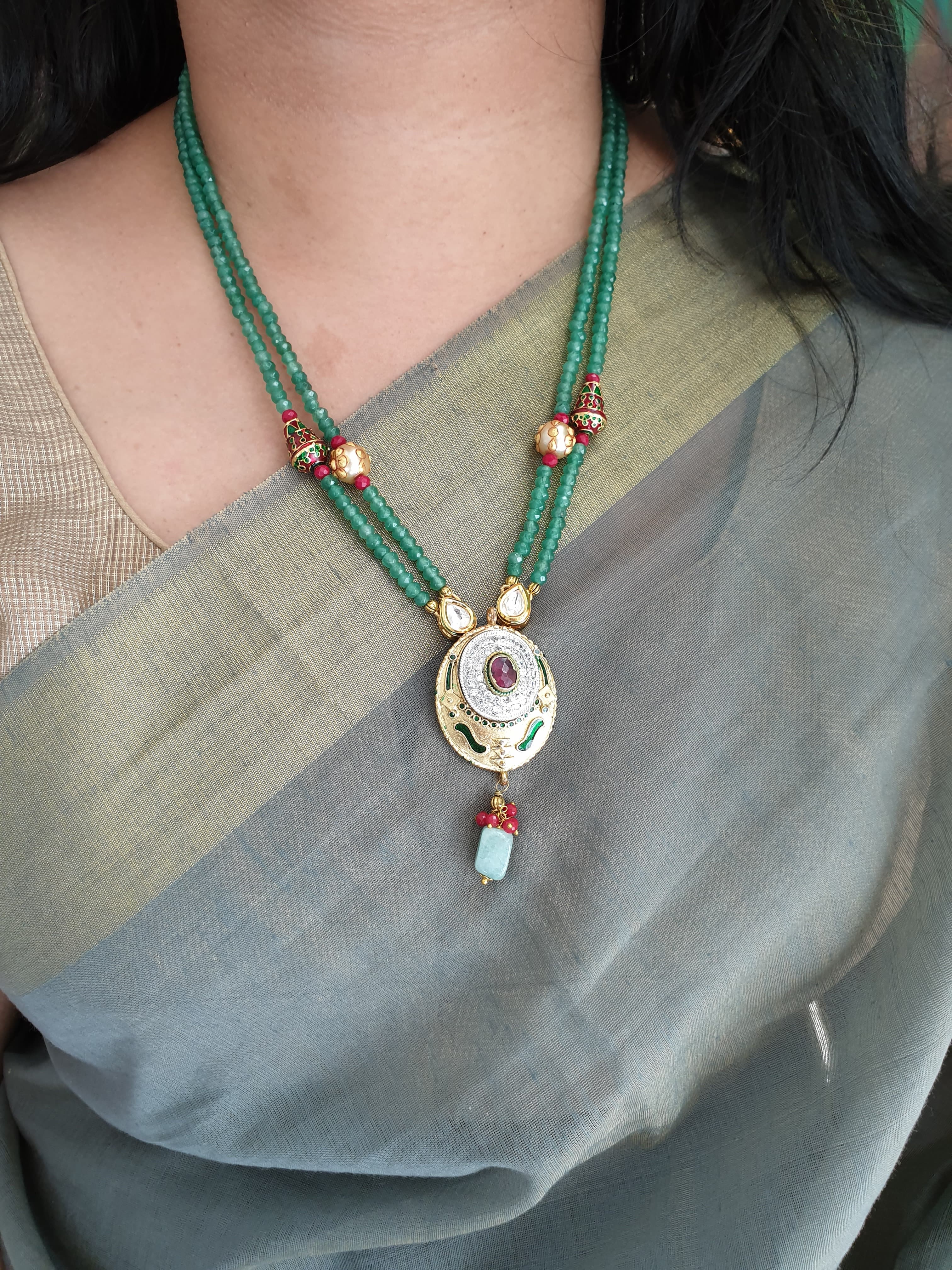 Green Beaded Oval Meenakari Pendant Set With Earrings