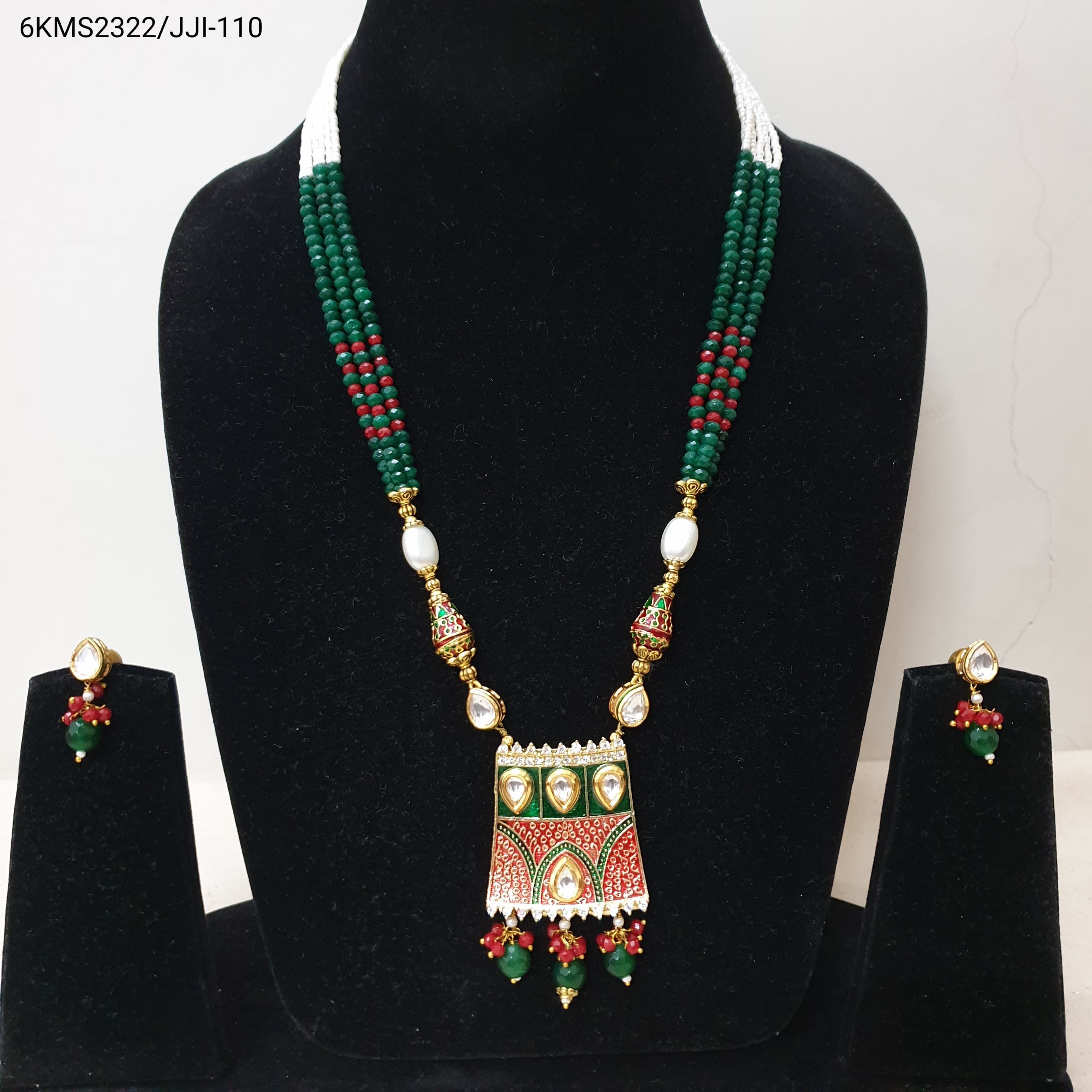 Red Green Kundan Meenakari Pendant and Earrings