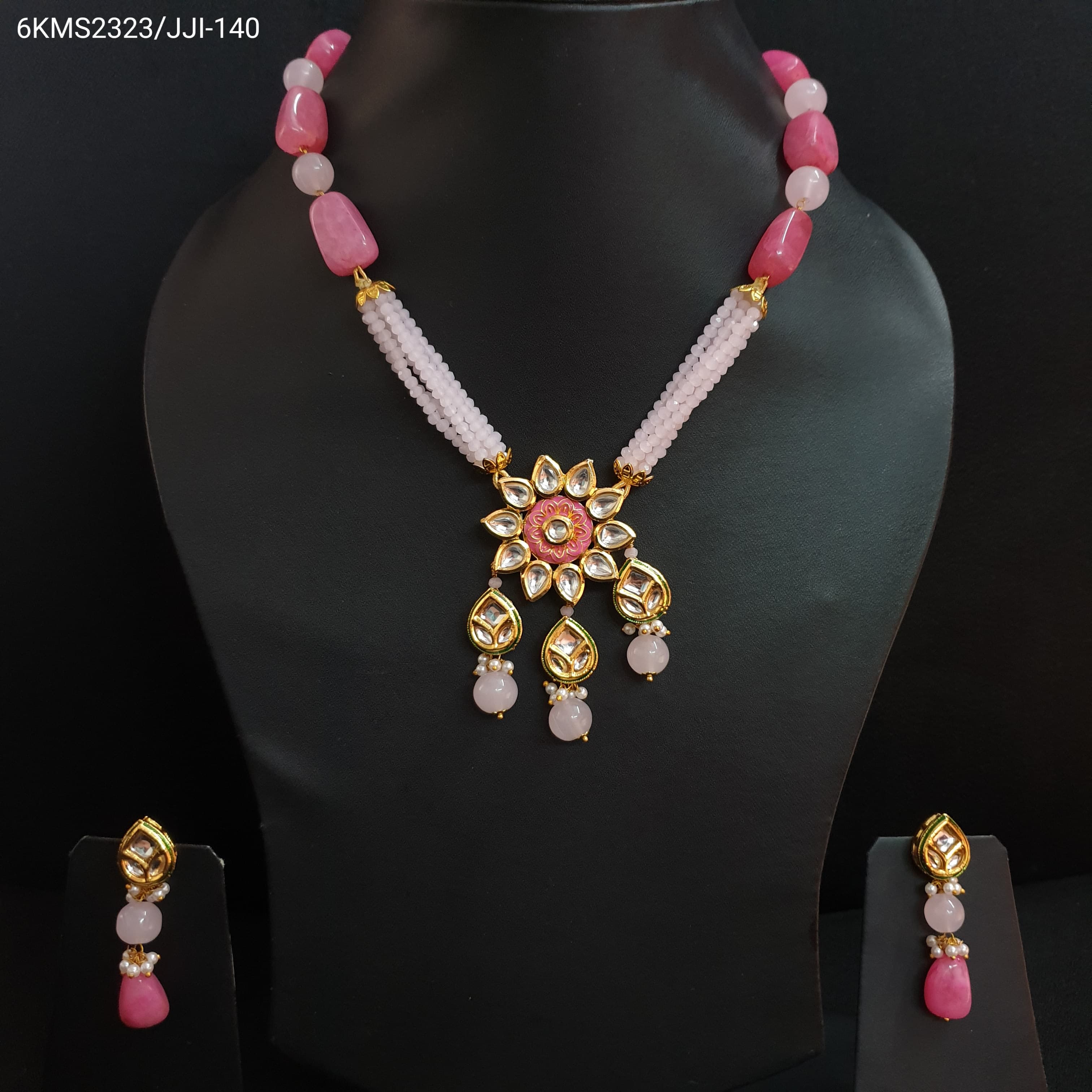 Pink Kundan Meenakari Small Pendant With Earrings