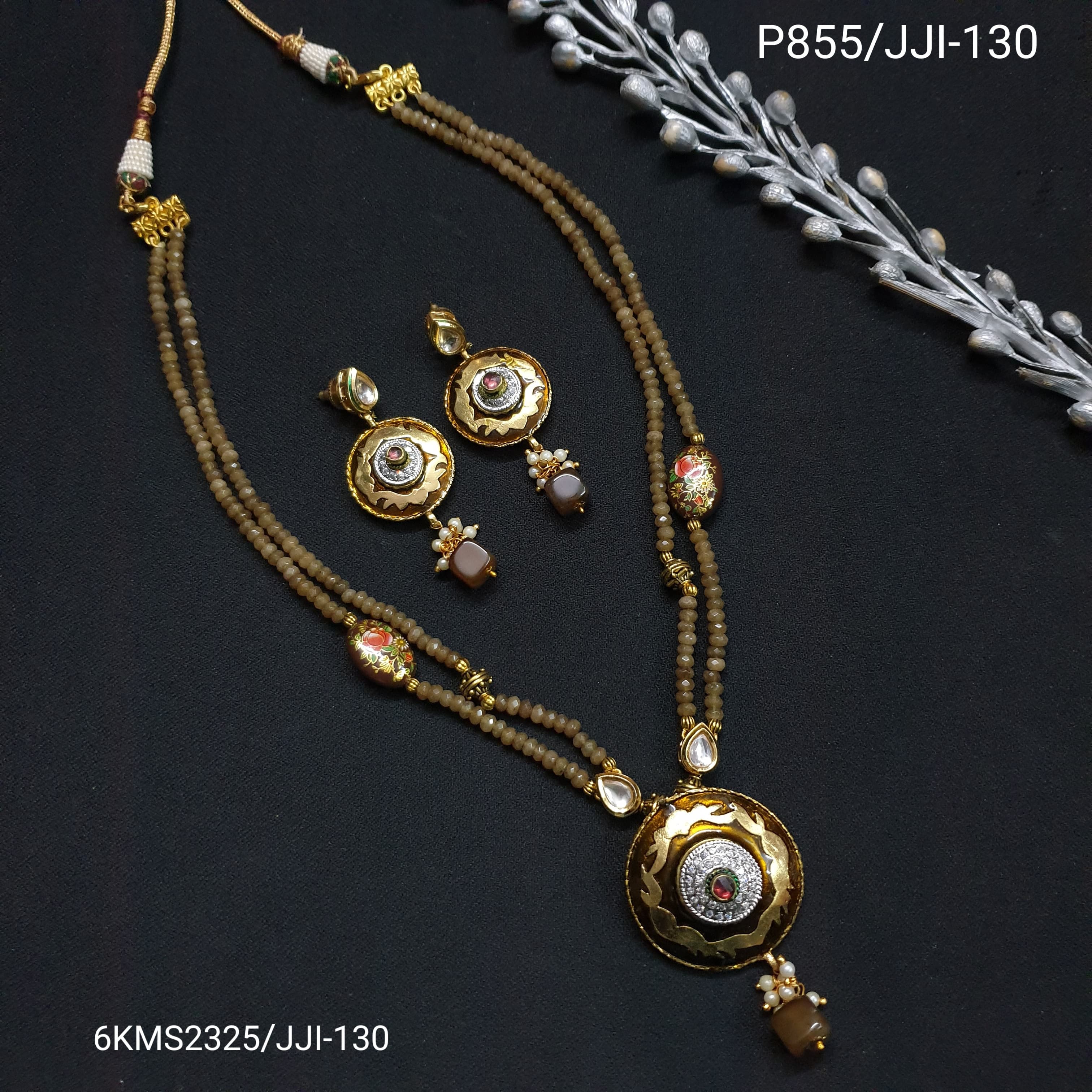 Golden Brown Meenakari Pendant With Earrings
