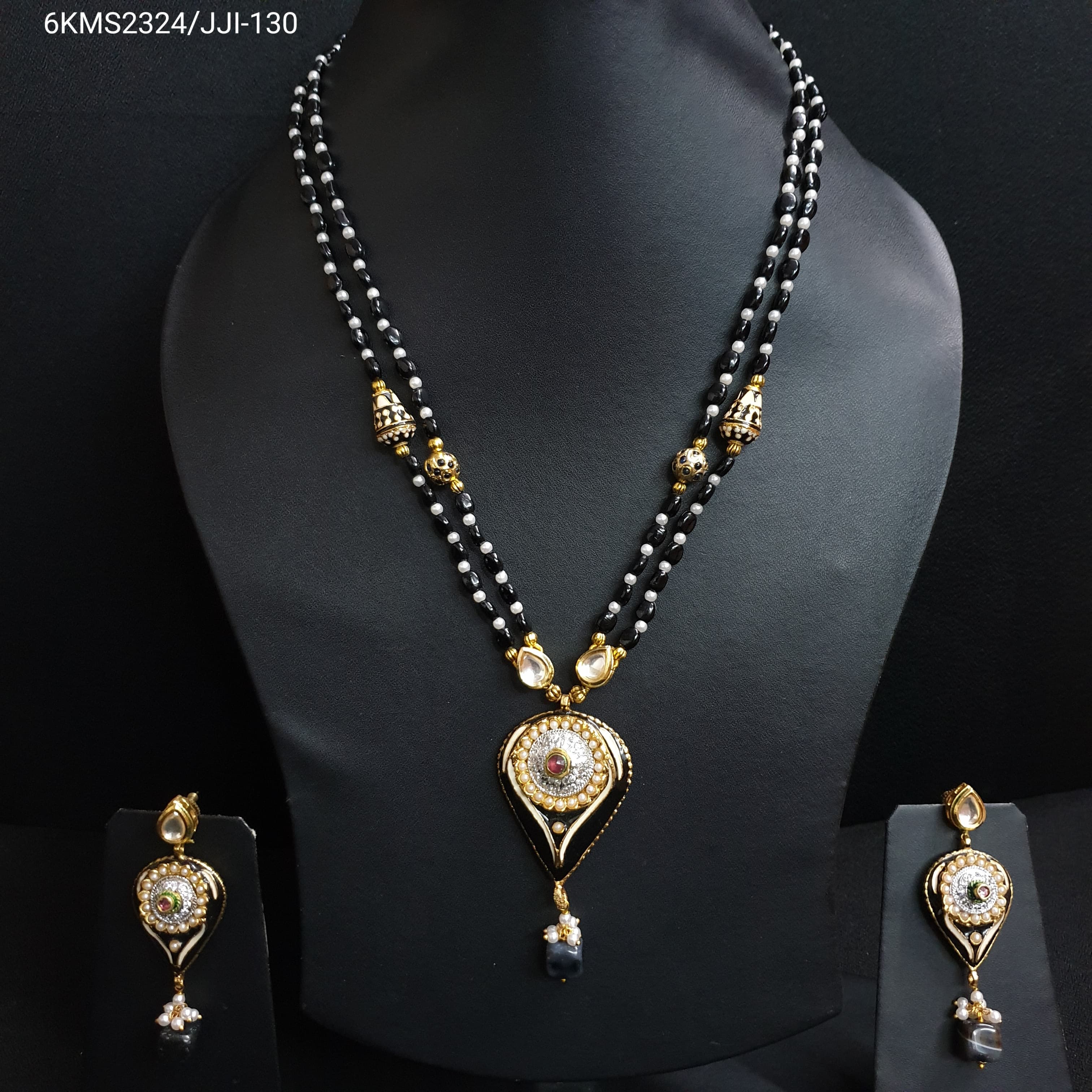 Black Meenakari Pendant With Earrings