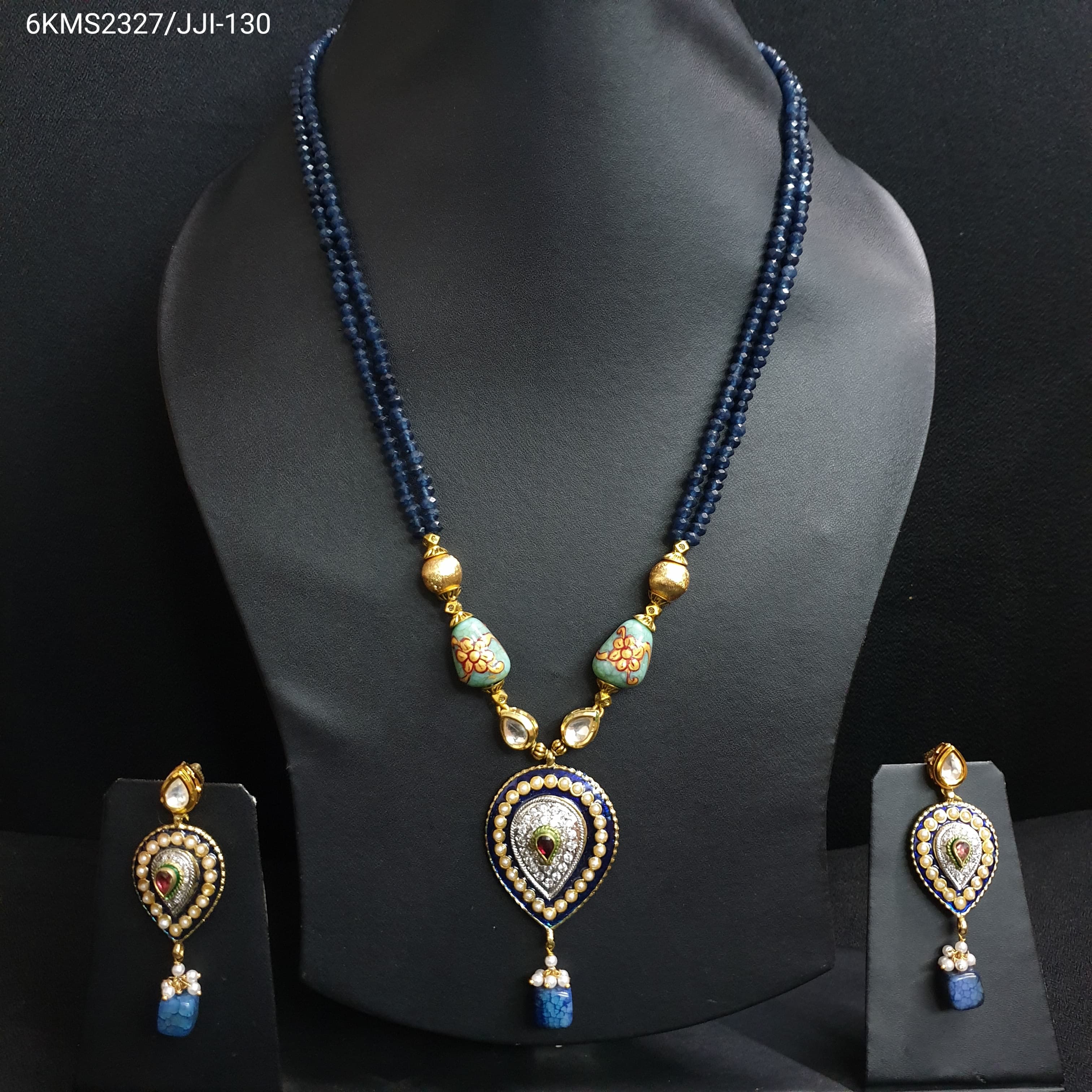 Dark Blue Beaded Meenakari Pendant Set With Earrings