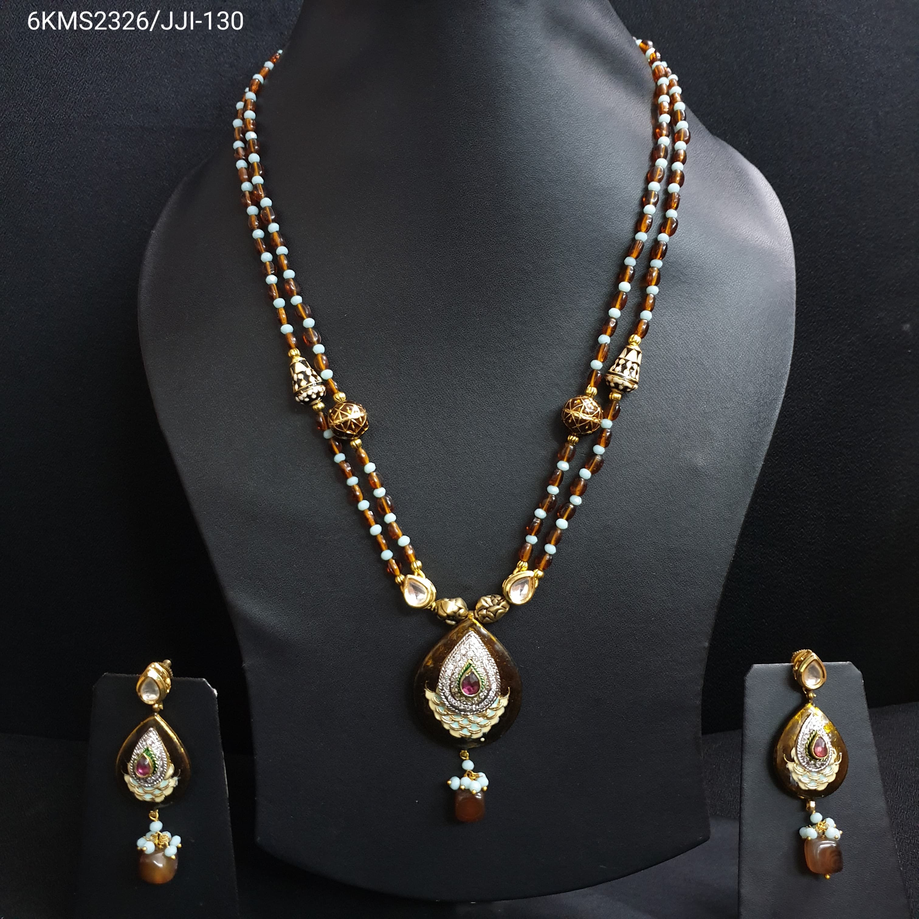 Golden Meenakari Turquoise Beaded Pendant Set