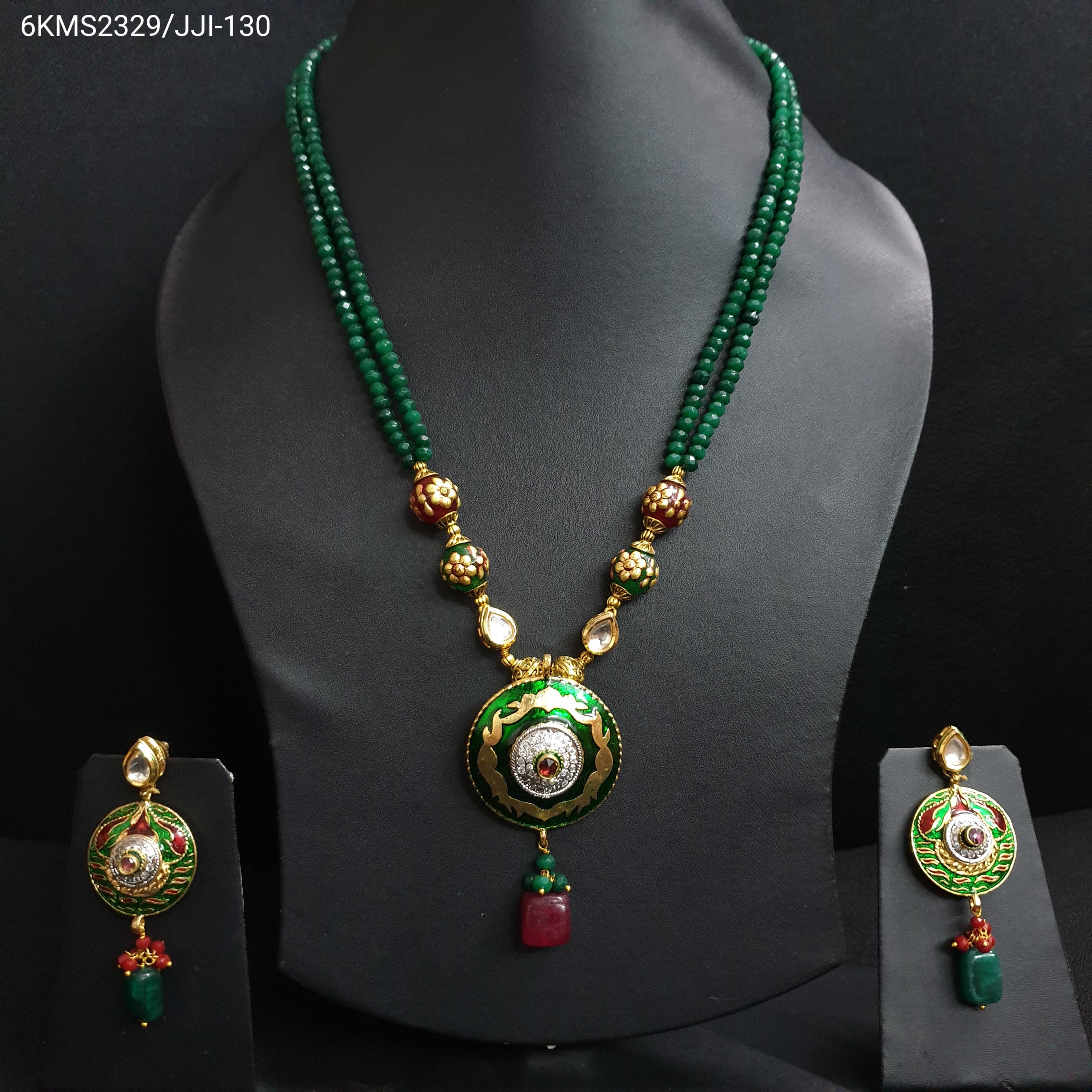 Green Beaded Round Meenakari Pendant Set With Earrings