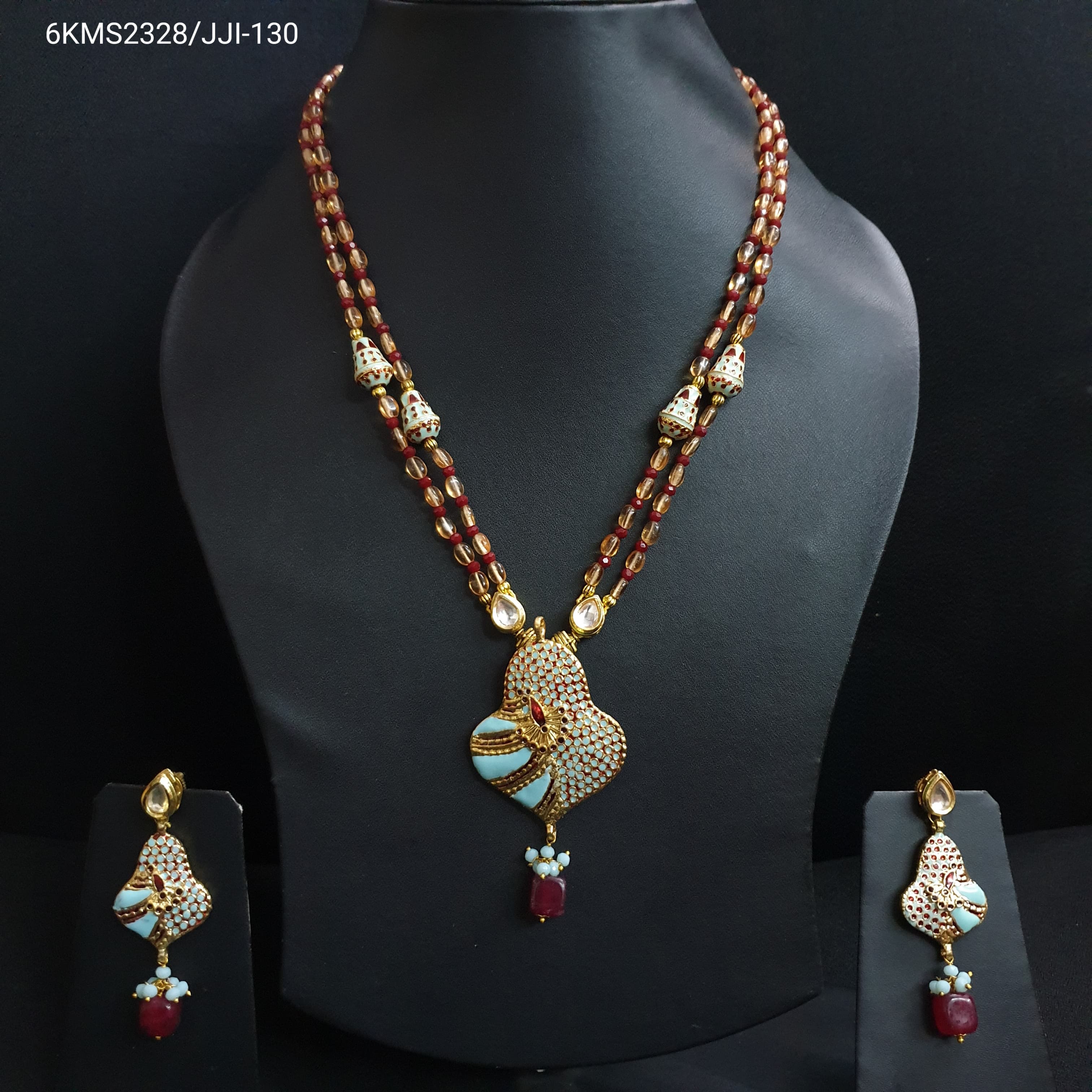 Red Beaded Turquoise Meenakari Pendant Set With Earrings