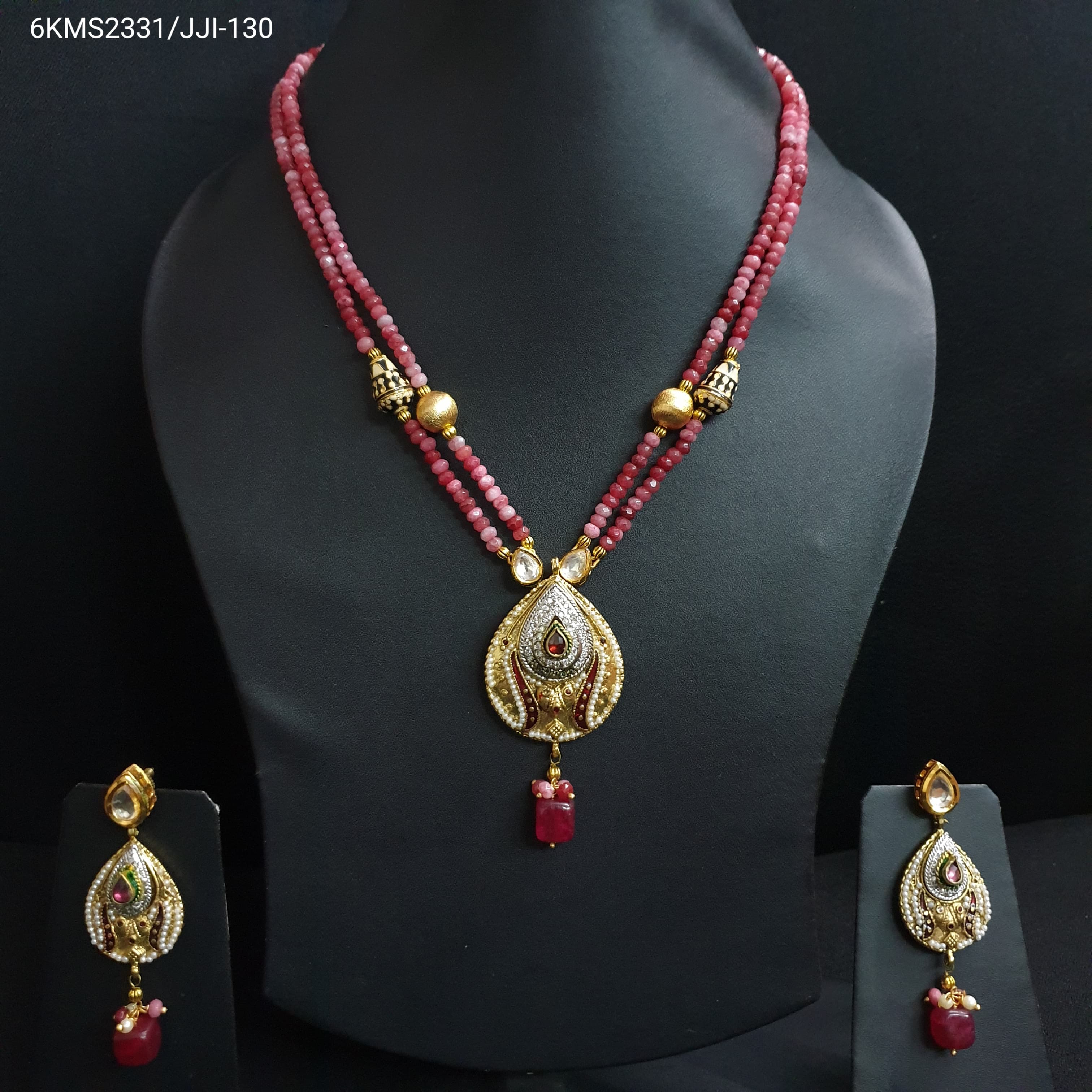 Pink Beaded Red Meenakari Pendant Set With Earrings
