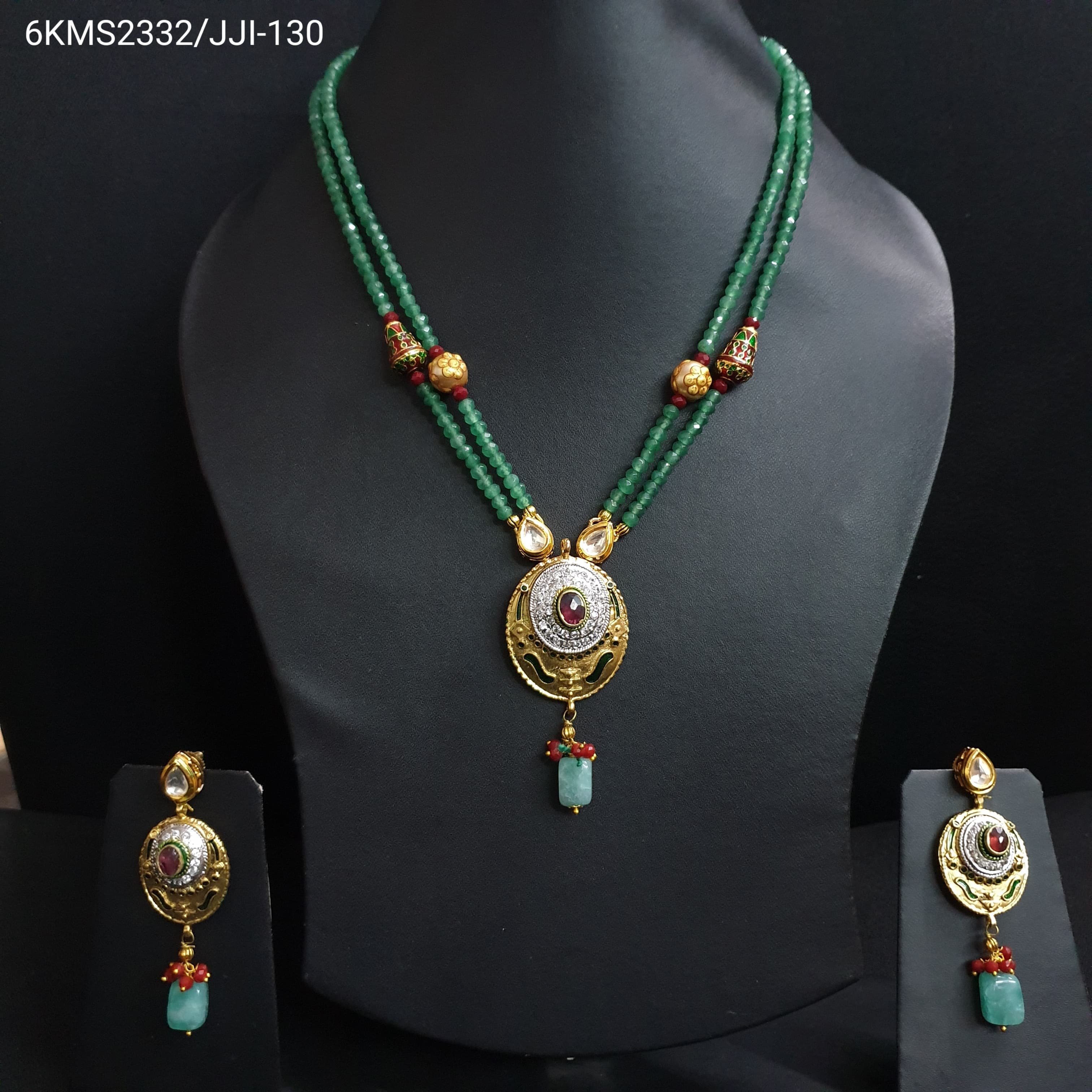 Green Beaded Oval Meenakari Pendant Set With Earrings