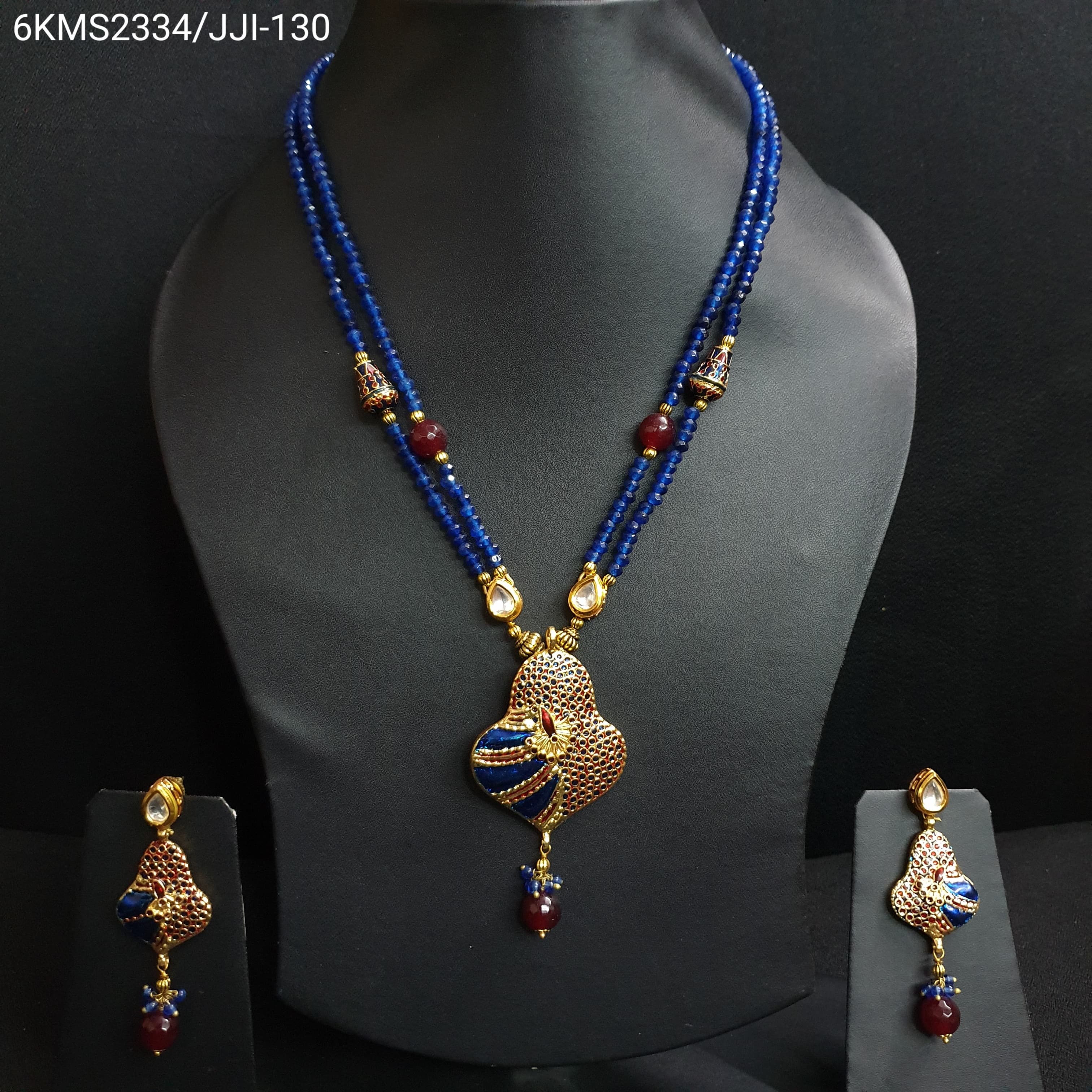 Blue Golden Meenakari Pendant Set With Earrings