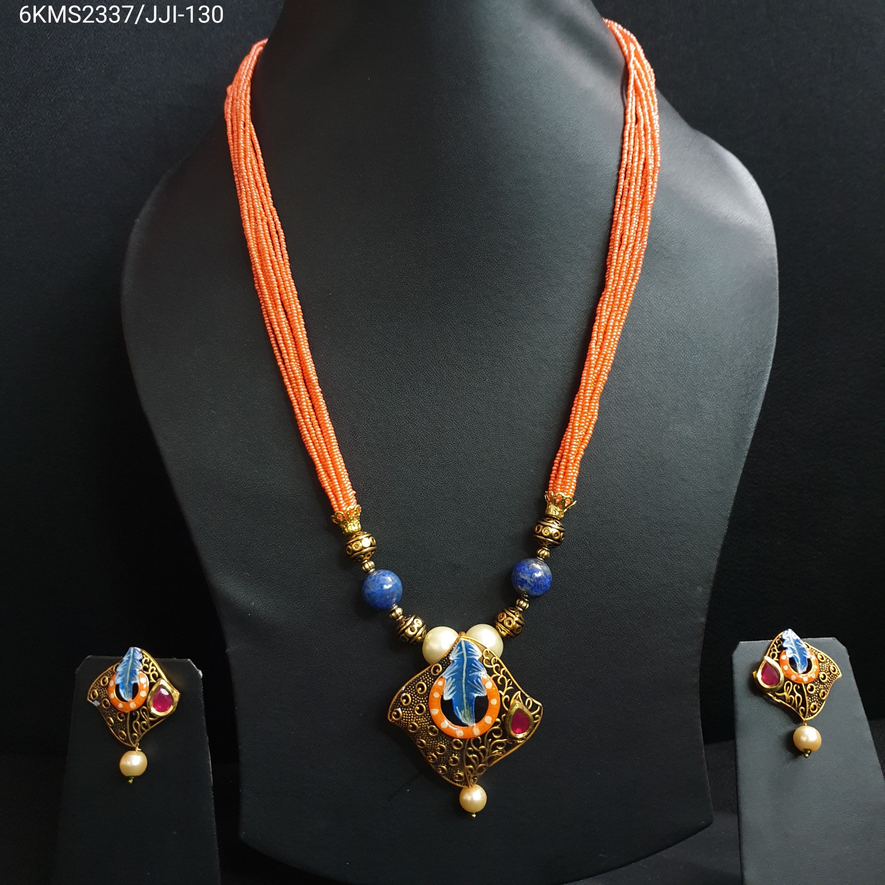 Orange Seed Bead Meenakari Pendant Set With Earrings