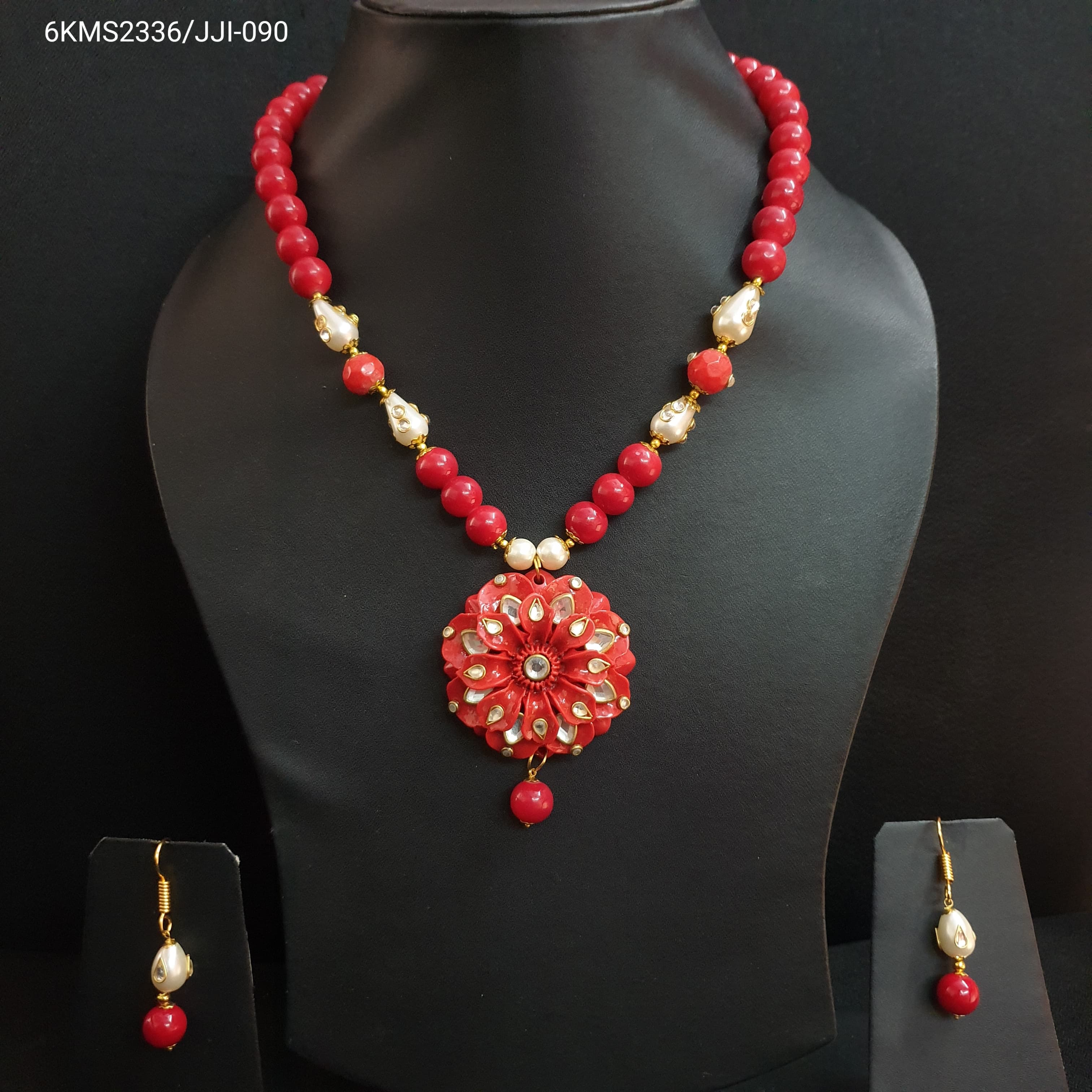 Red Floral Designer Kundan Pendant Set With Earrings