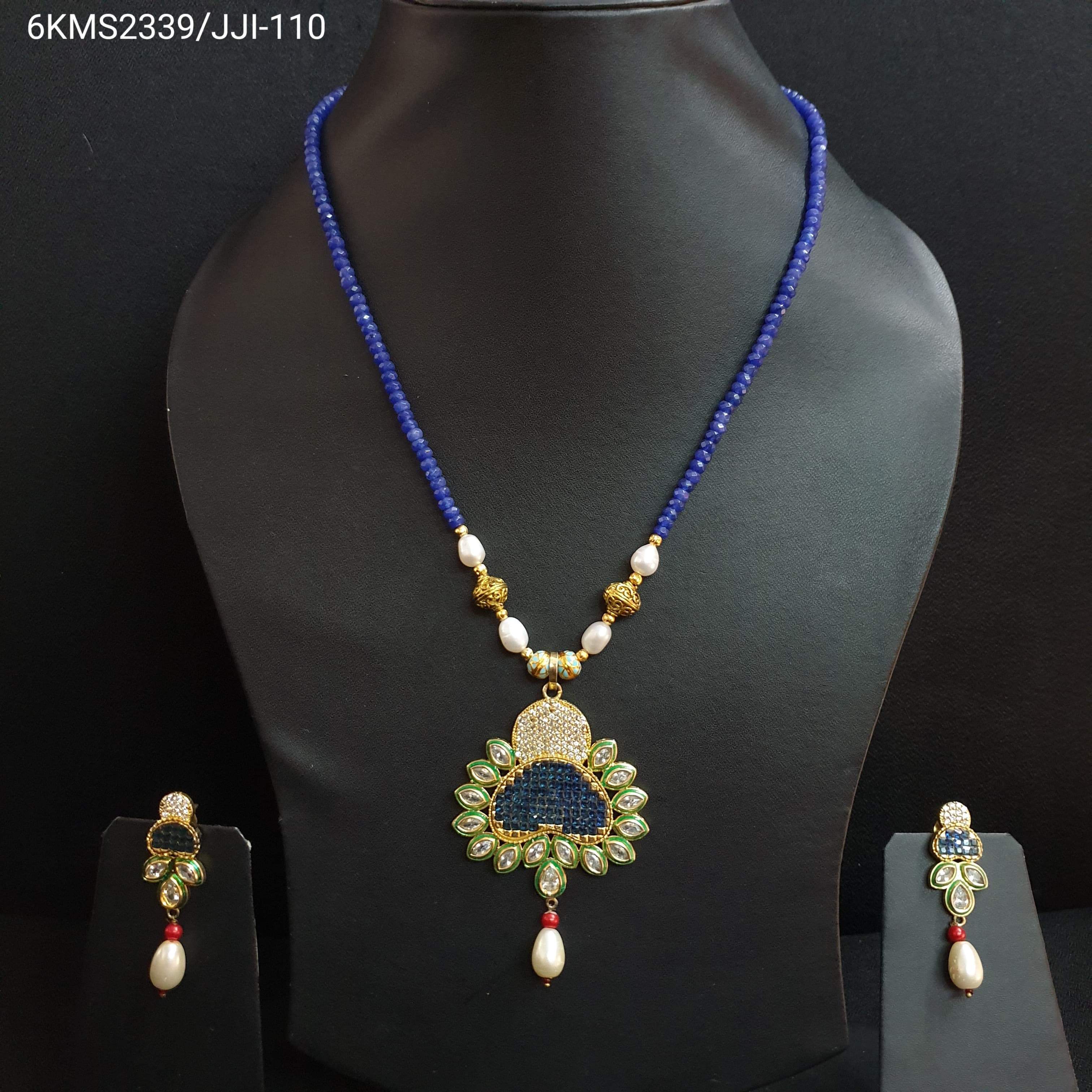 Blue Stone Designer Kundan Pendant Set With Earrings