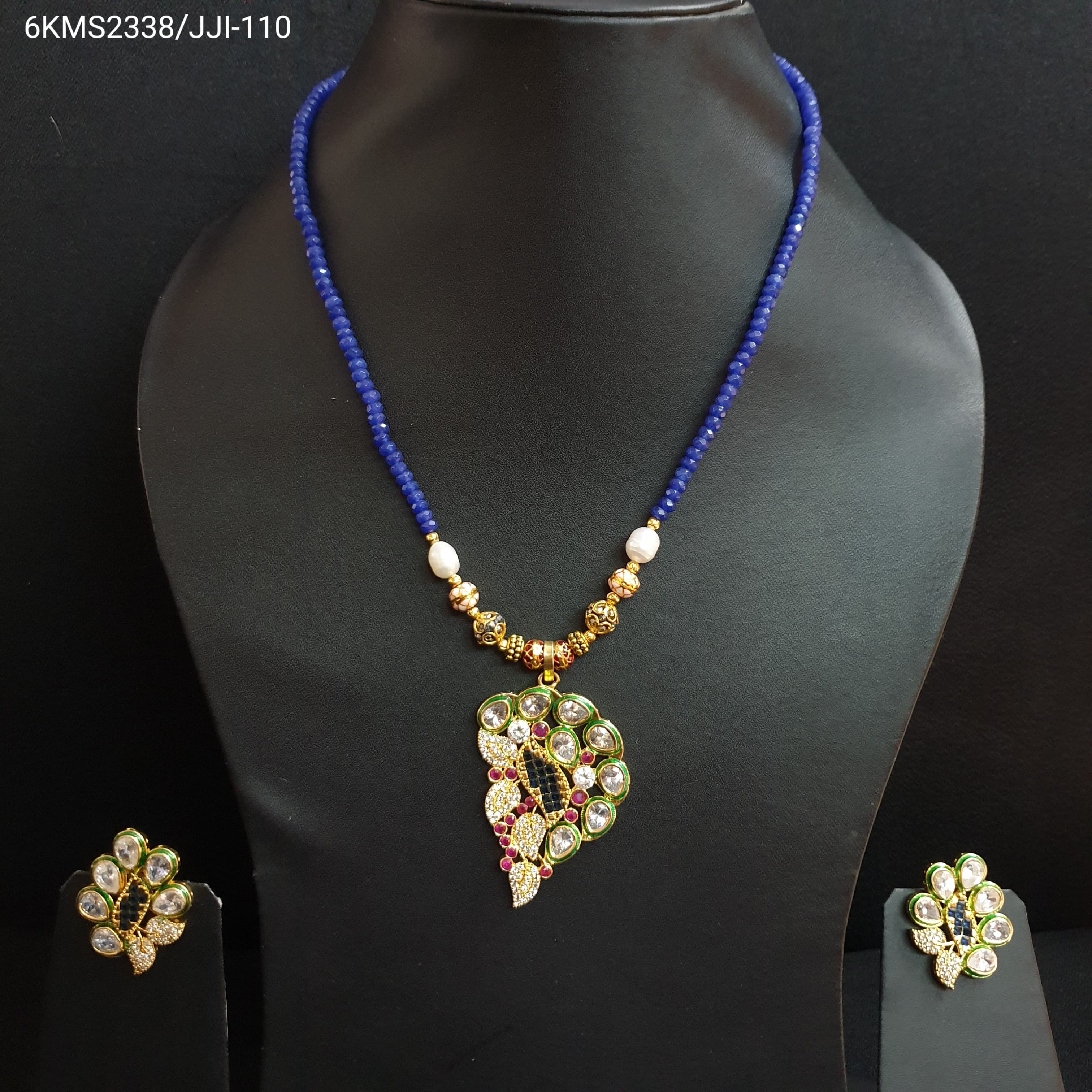 Kundan Jal Puwai Blue Stone Pendant Set With Earrings