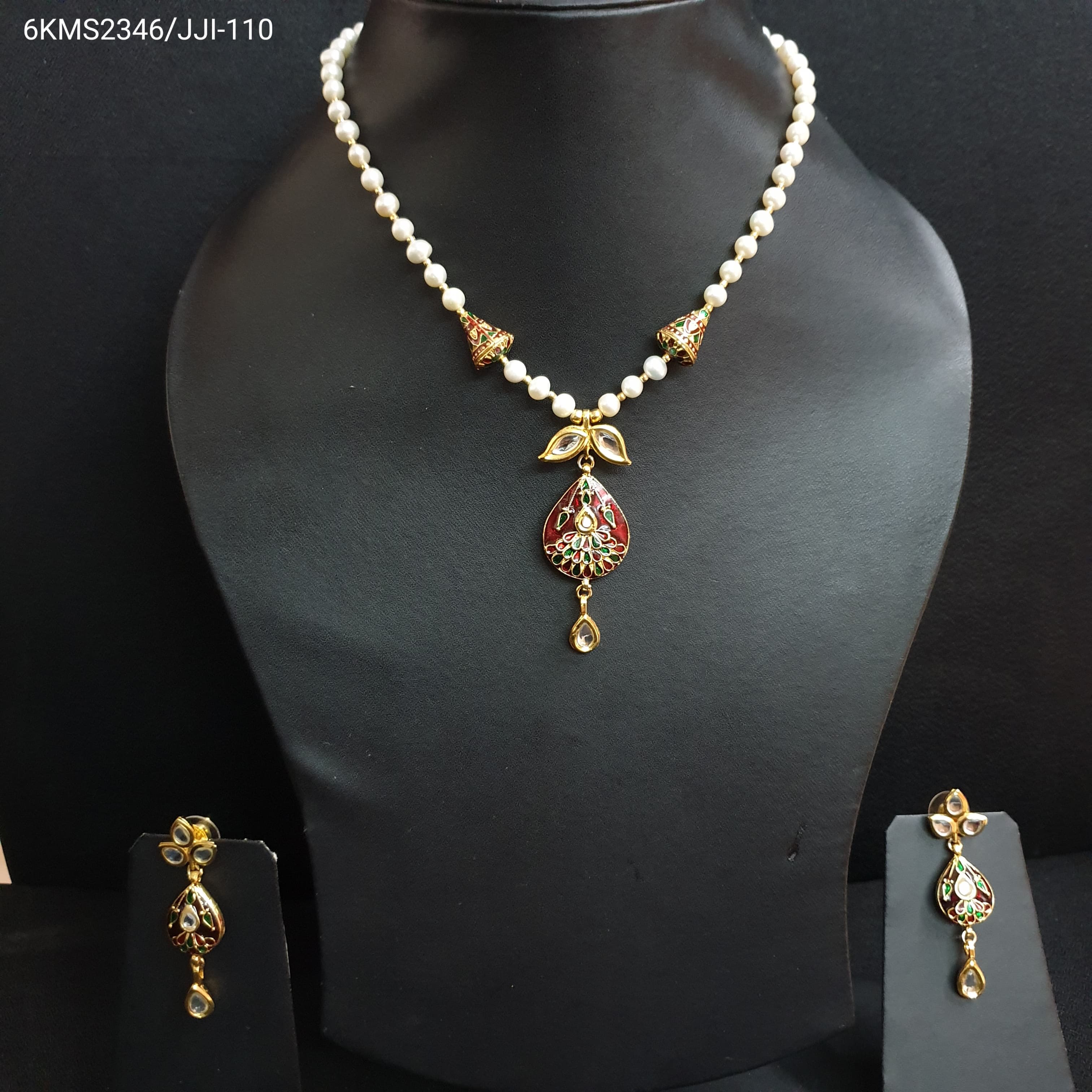 Pearl Bead Maroon Meenakari Pendant Set With Earrings