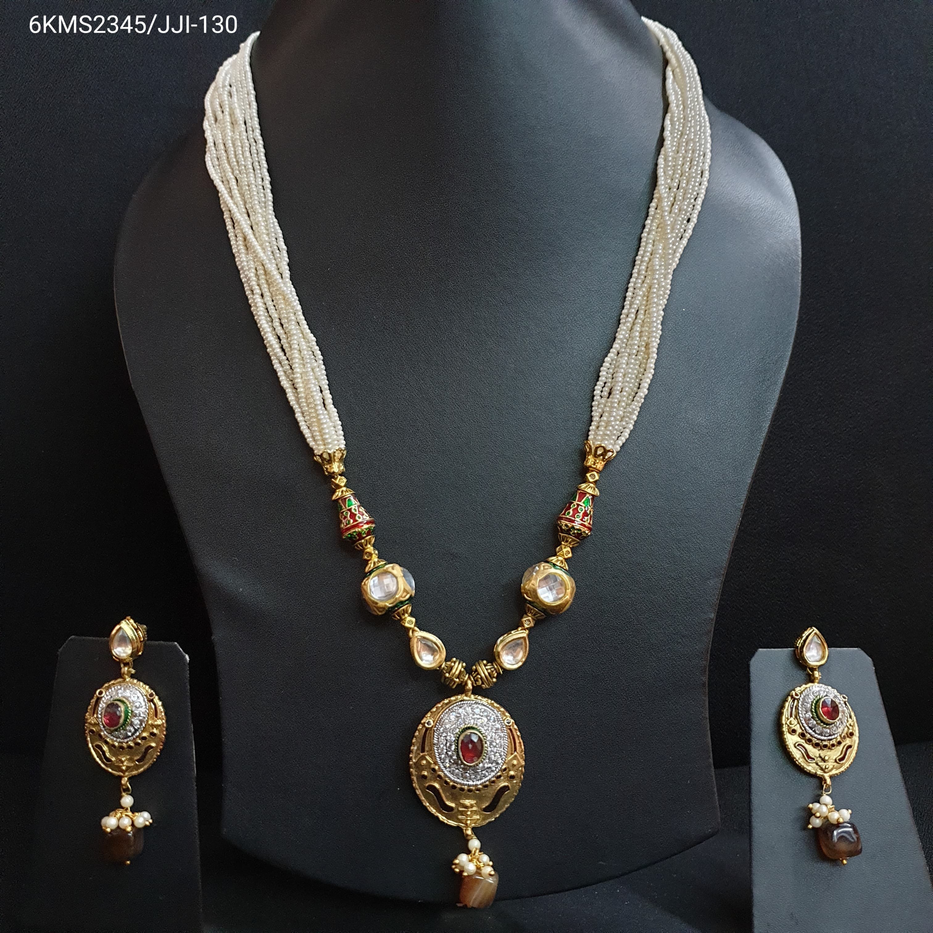 Golden Seed Bead Meenakari Pendant Set With Earrings
