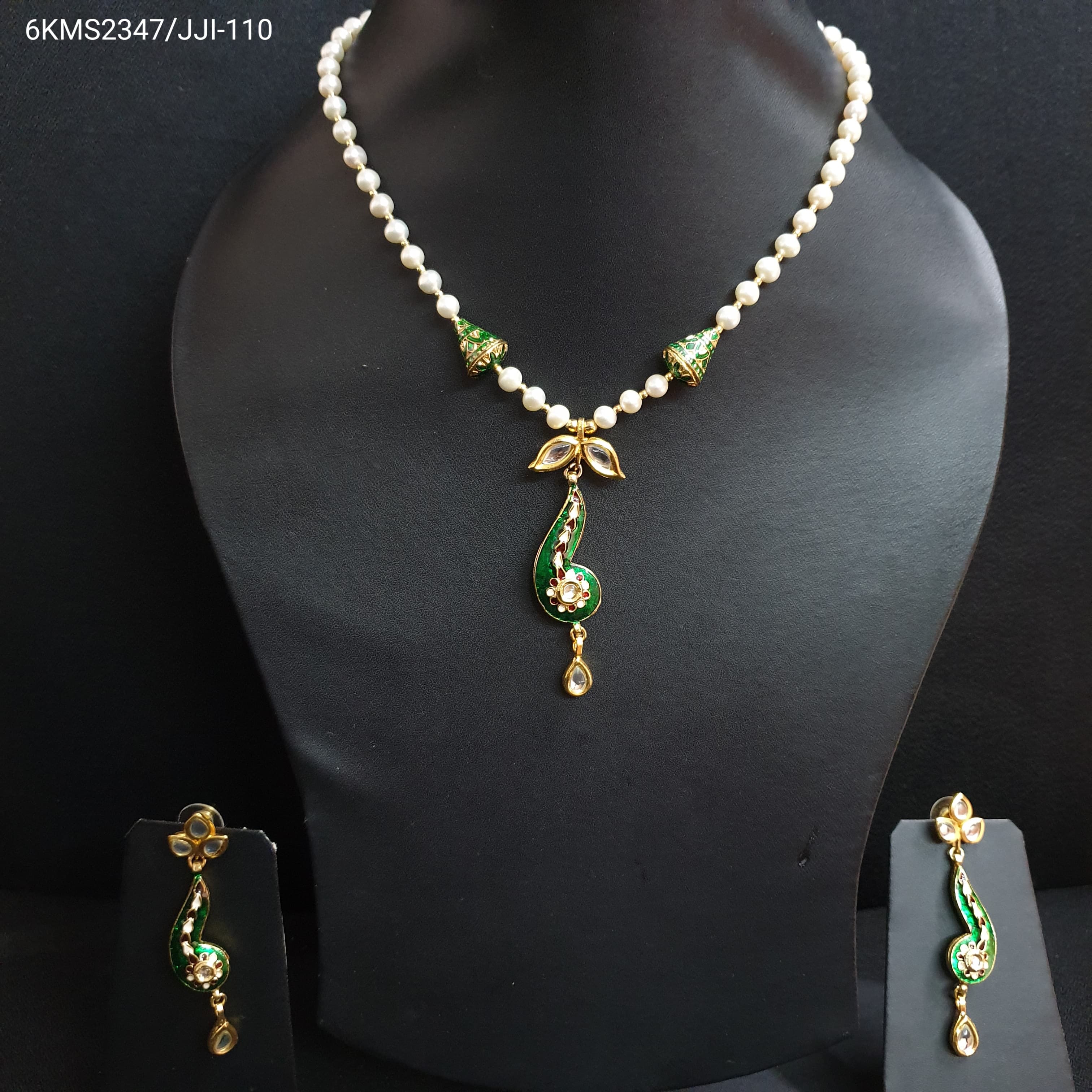 Pearl Bead Green Meenakari Kundan Pendant Set With Earrings