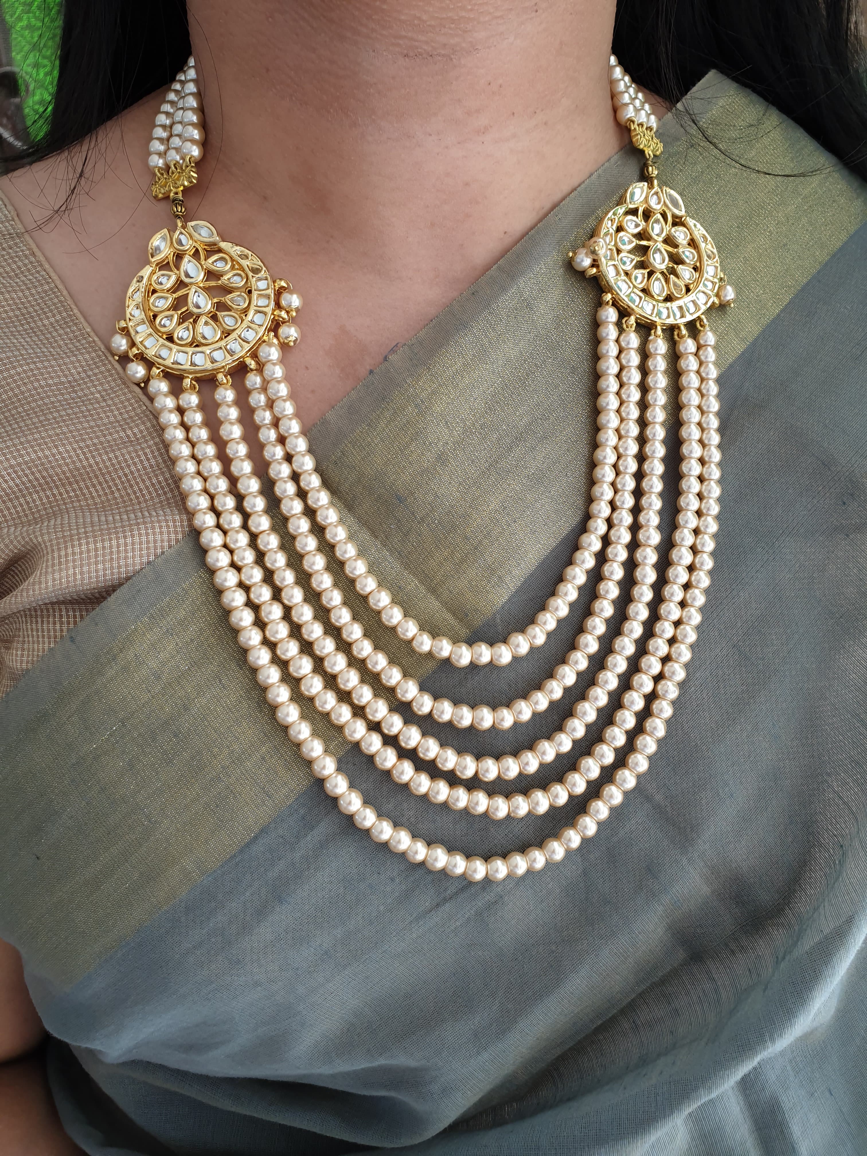 Kundan and Pearl Beads Stone Necklace With Earrings