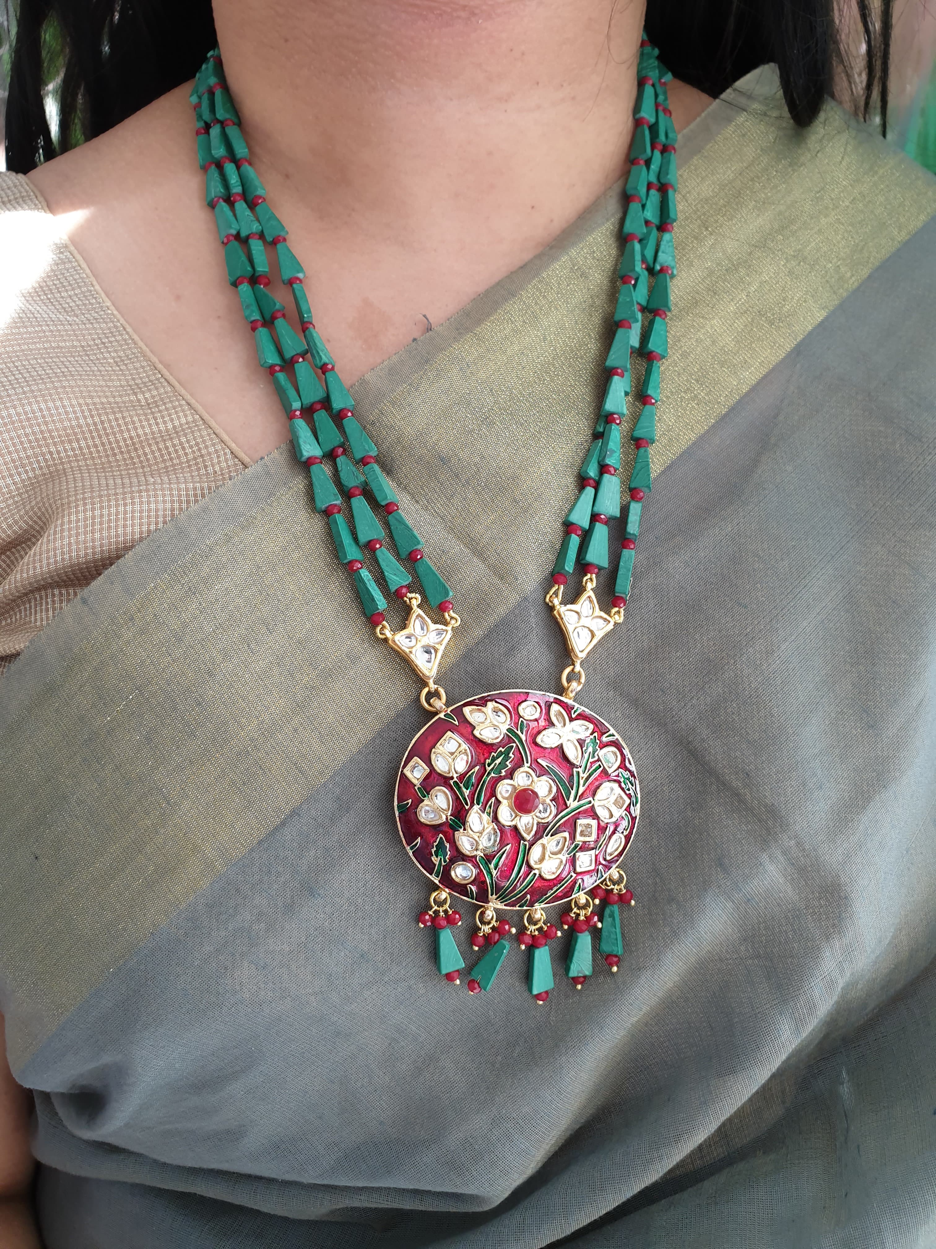 Green Beaded Maroon Meenakari Pendant Set