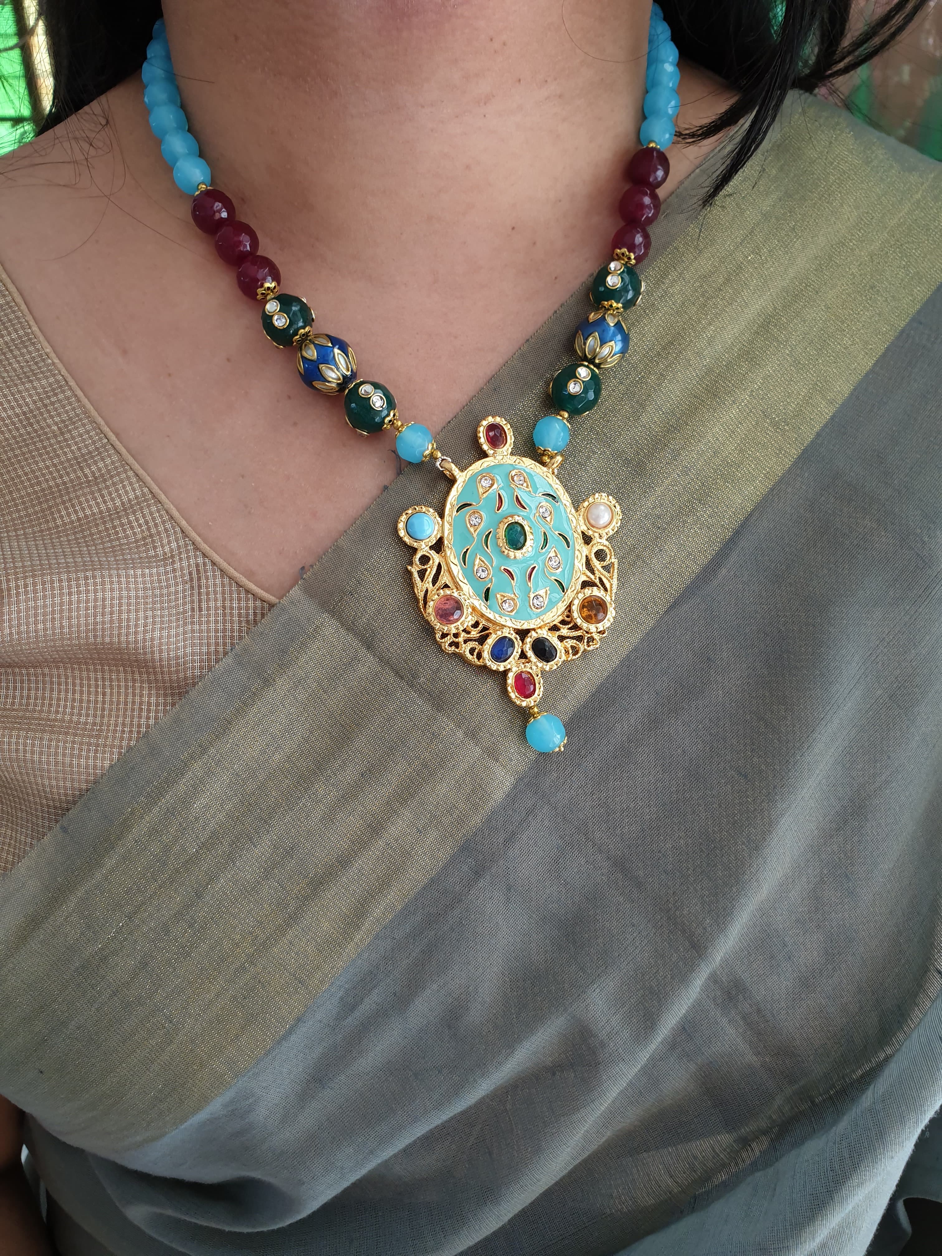 Blue Meenakari Beaded Pendant Set With Earrings