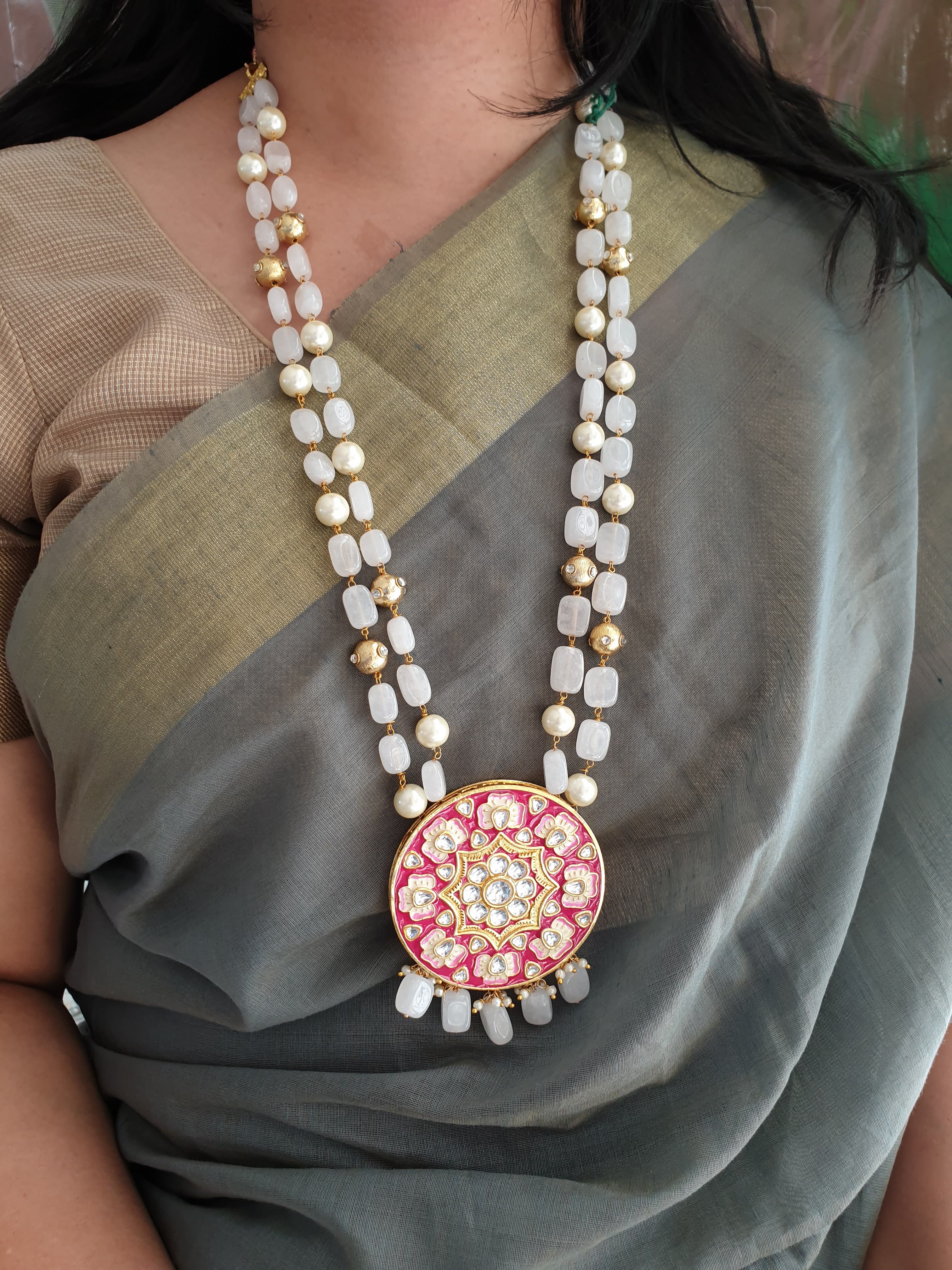 Pink Meenakari and Baby Pink Beaded Pendant Set With Earrings