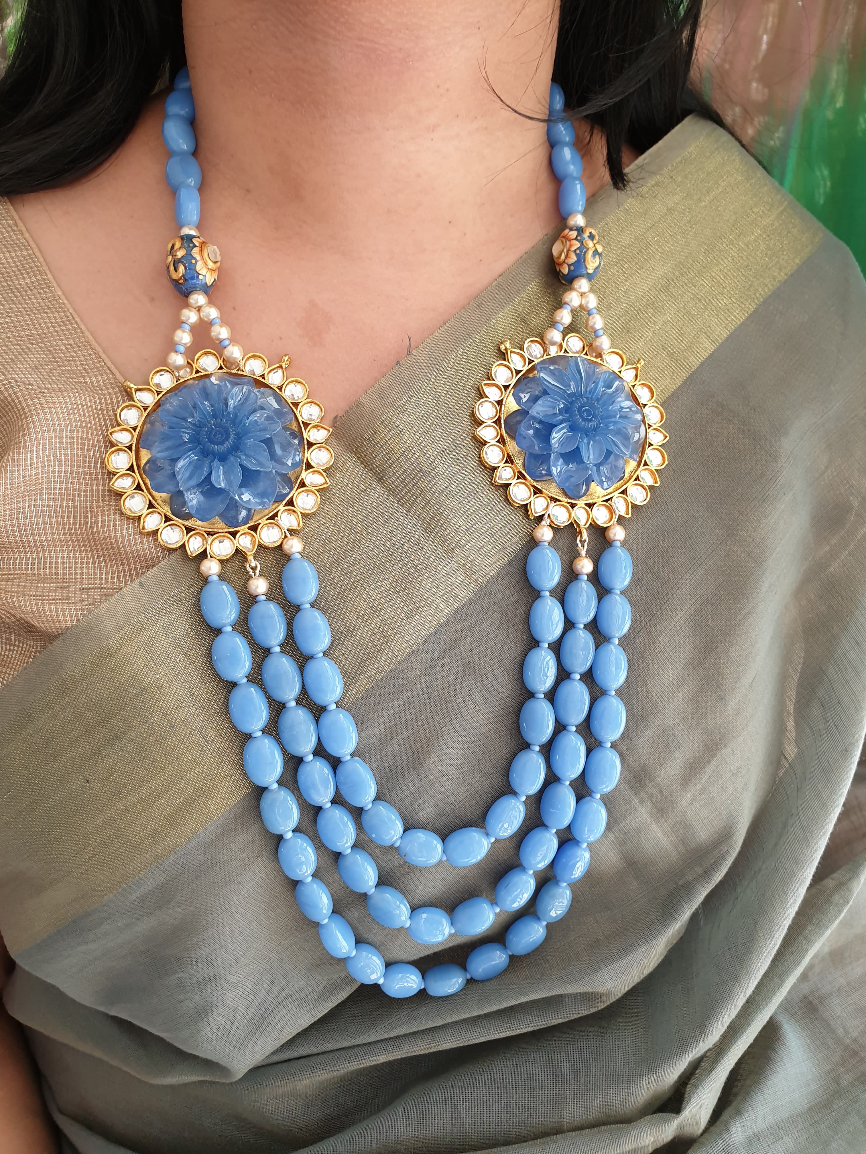 Floral Blue Beads Stone Three Layer Necklace With Earrings