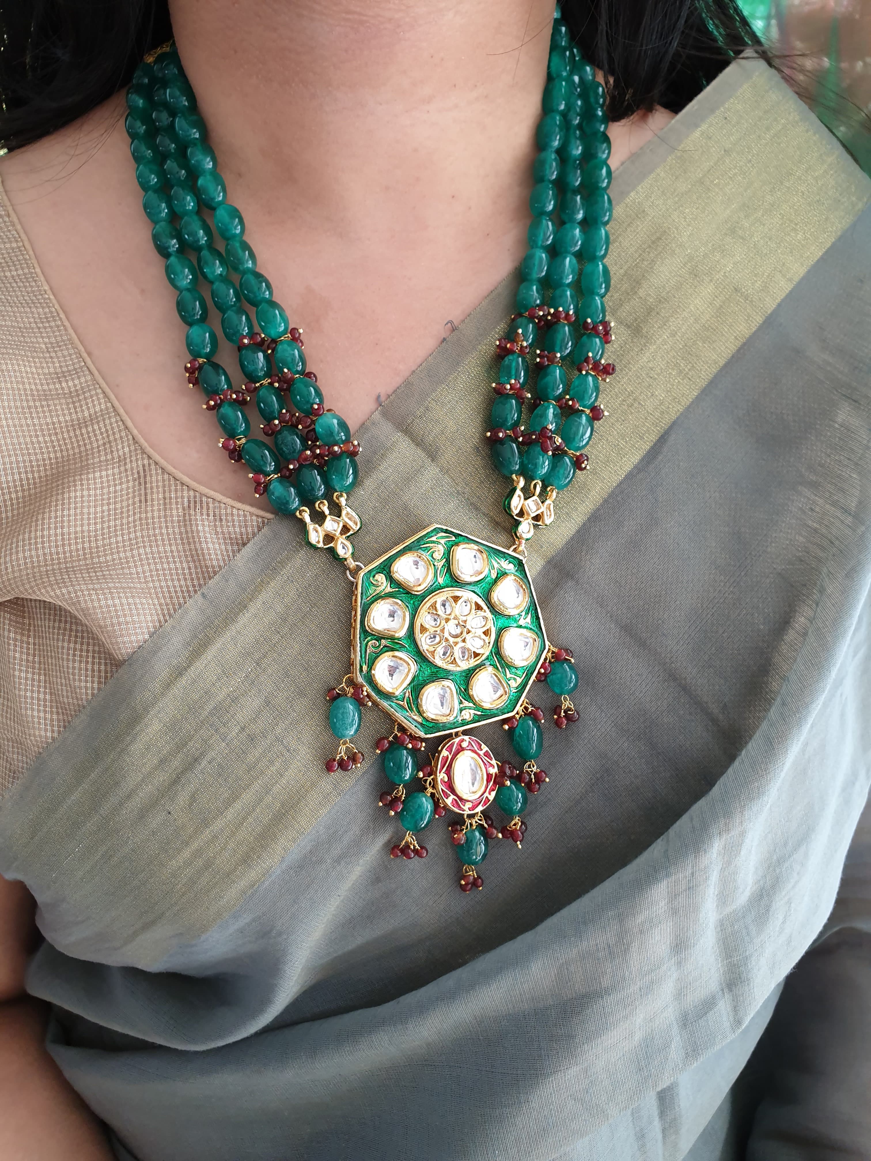 Green Beaded Kundan Meenakari Pendant Set