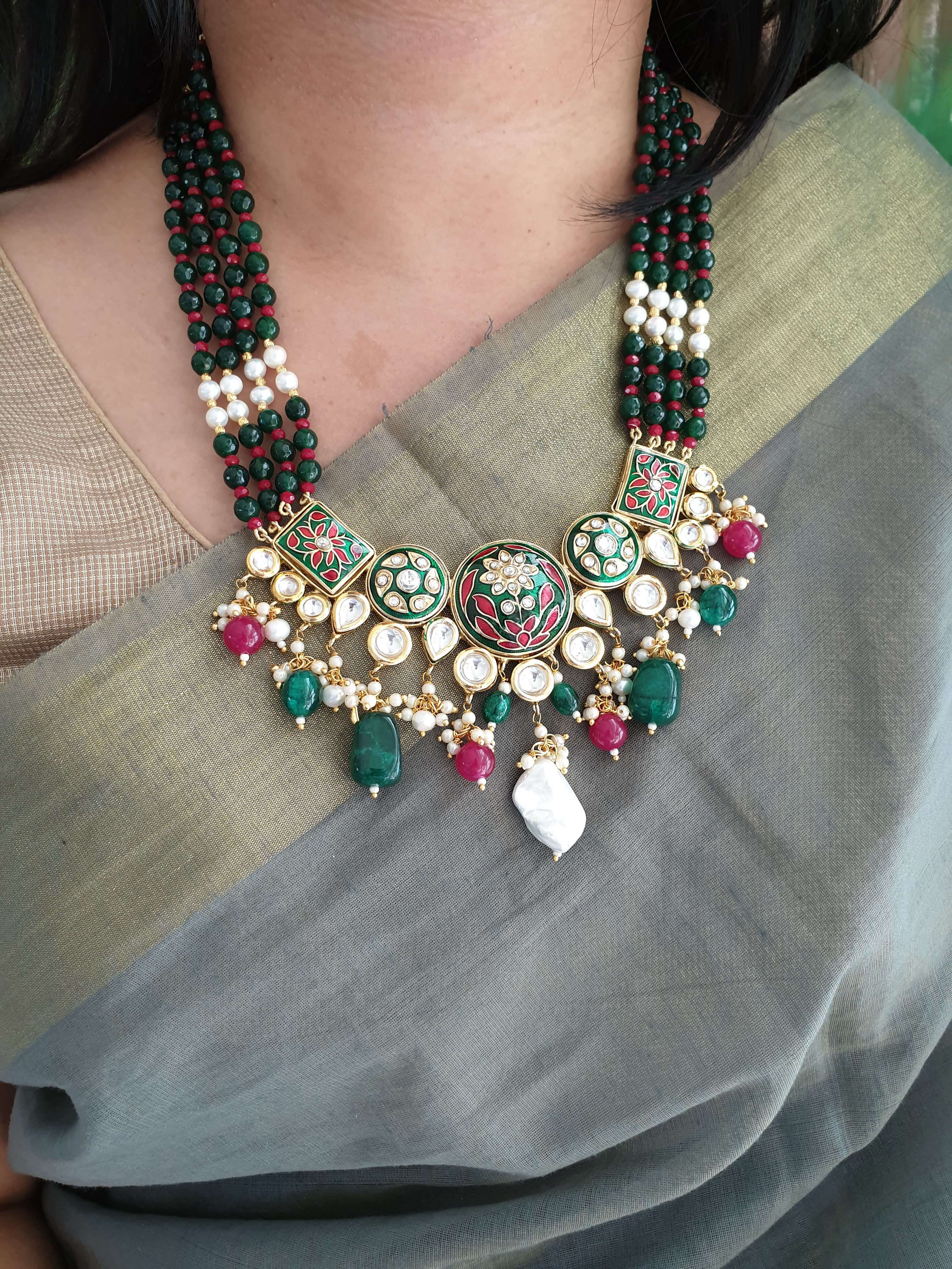 Red Green Beaded Meenakari Necklace Set With Earrings
