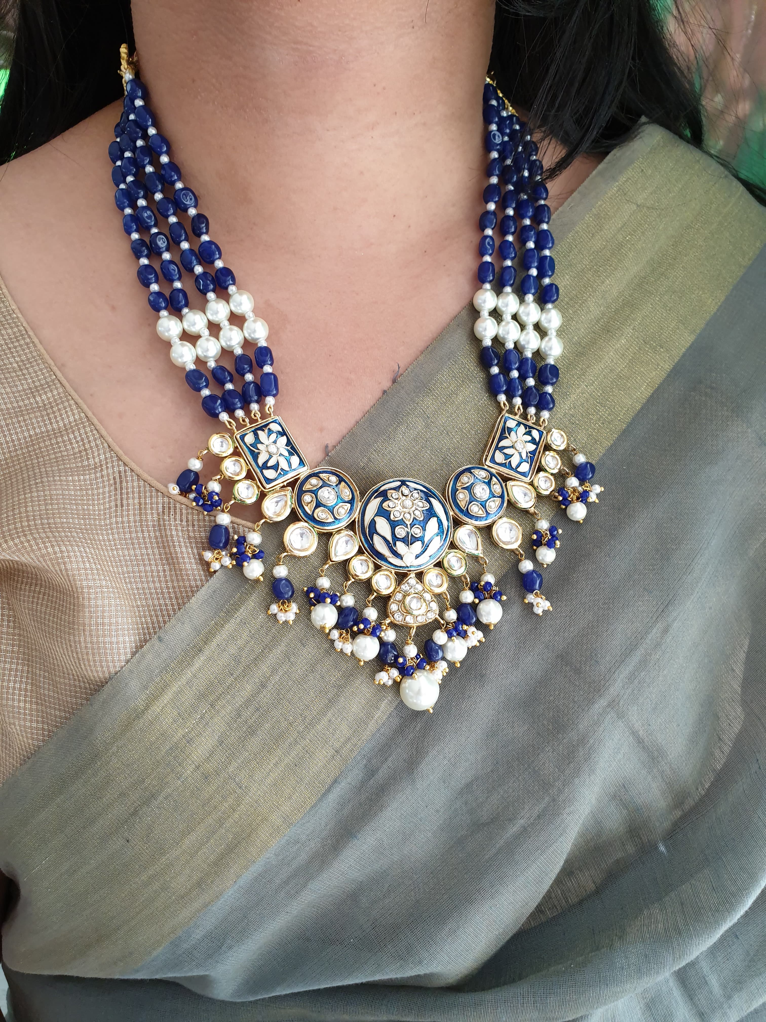 Blue Pearl Beaded Meenakari Necklace Set With Earrings