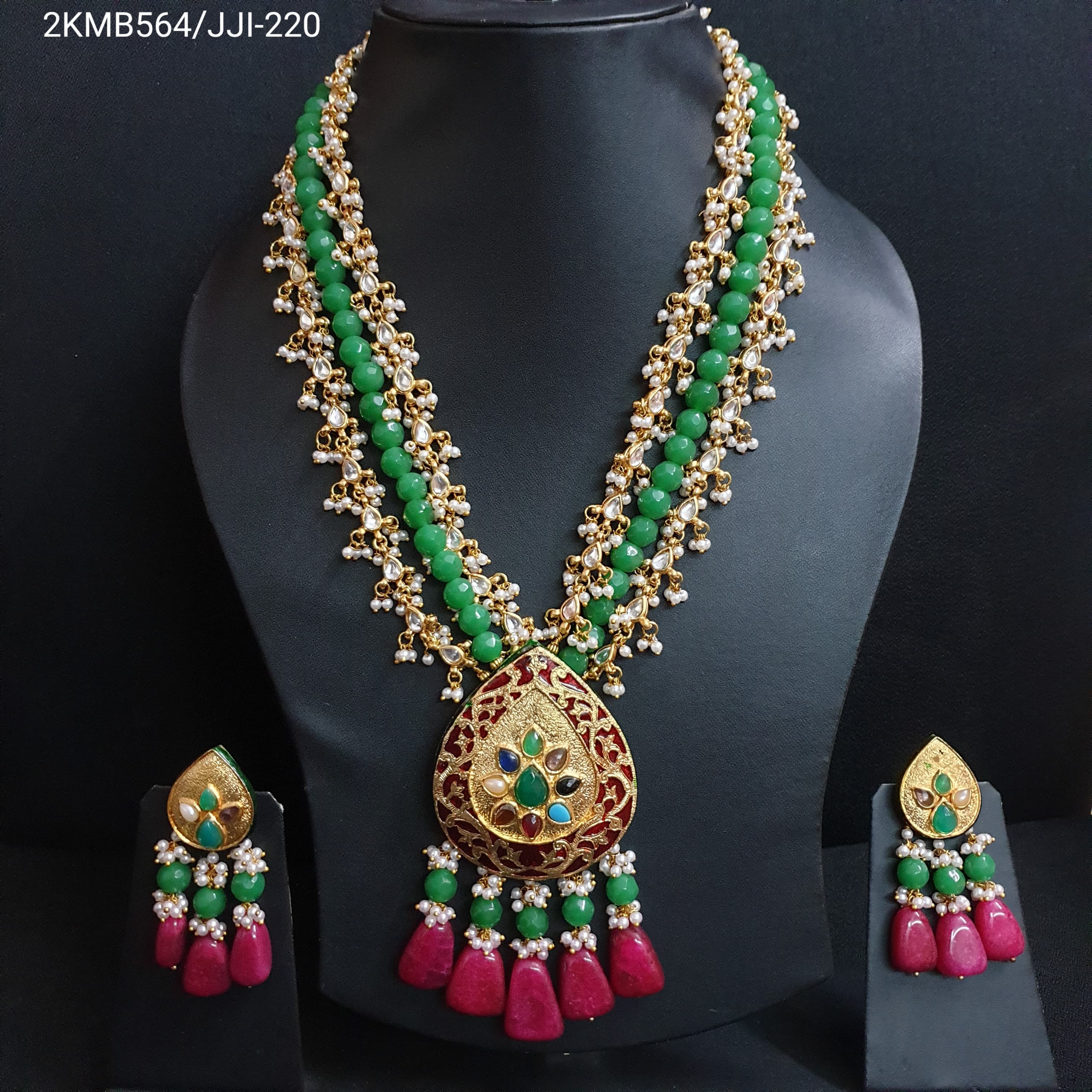 Green Beaded Maroon Meenakari Pendant Set