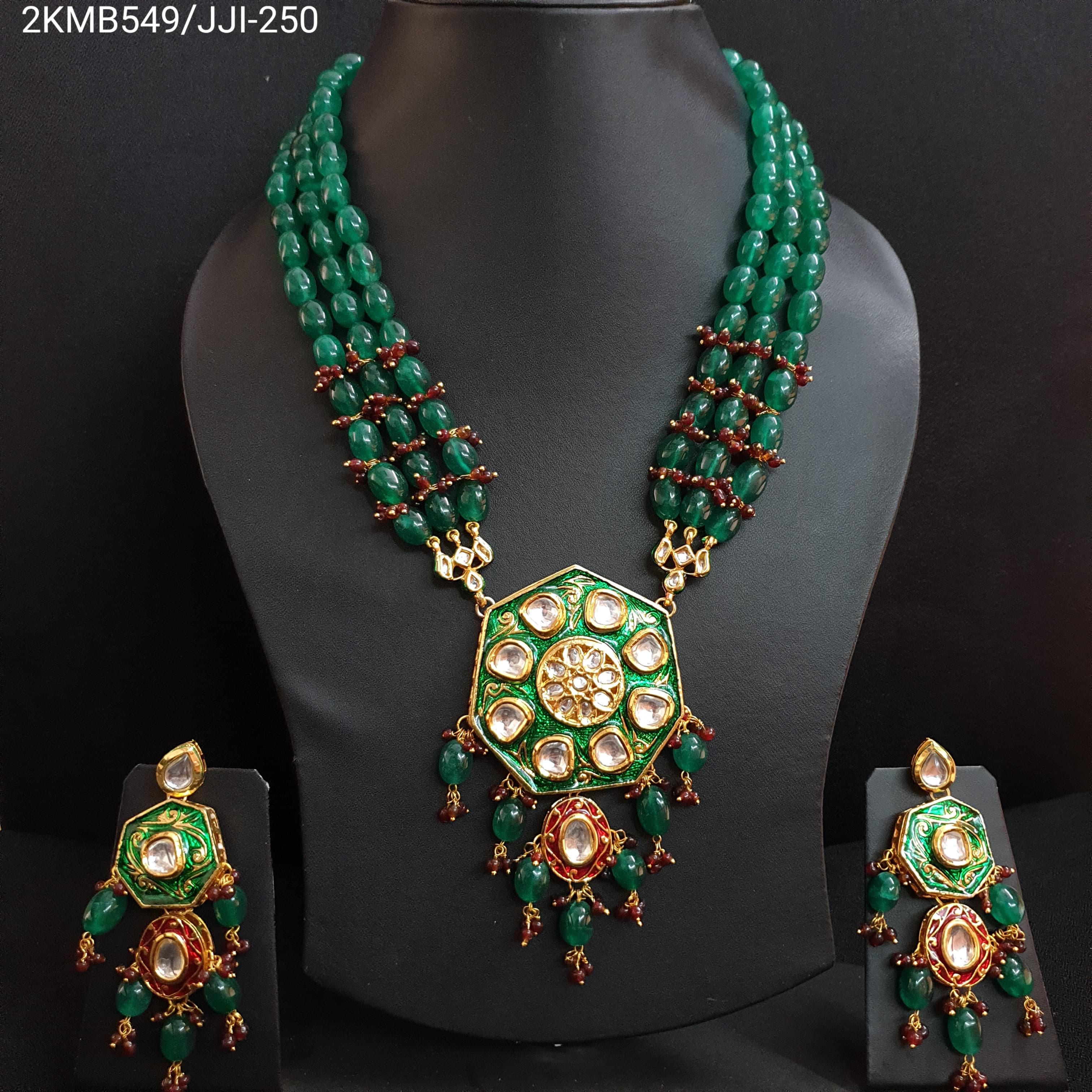 Green Beaded Kundan Meenakari Pendant Set