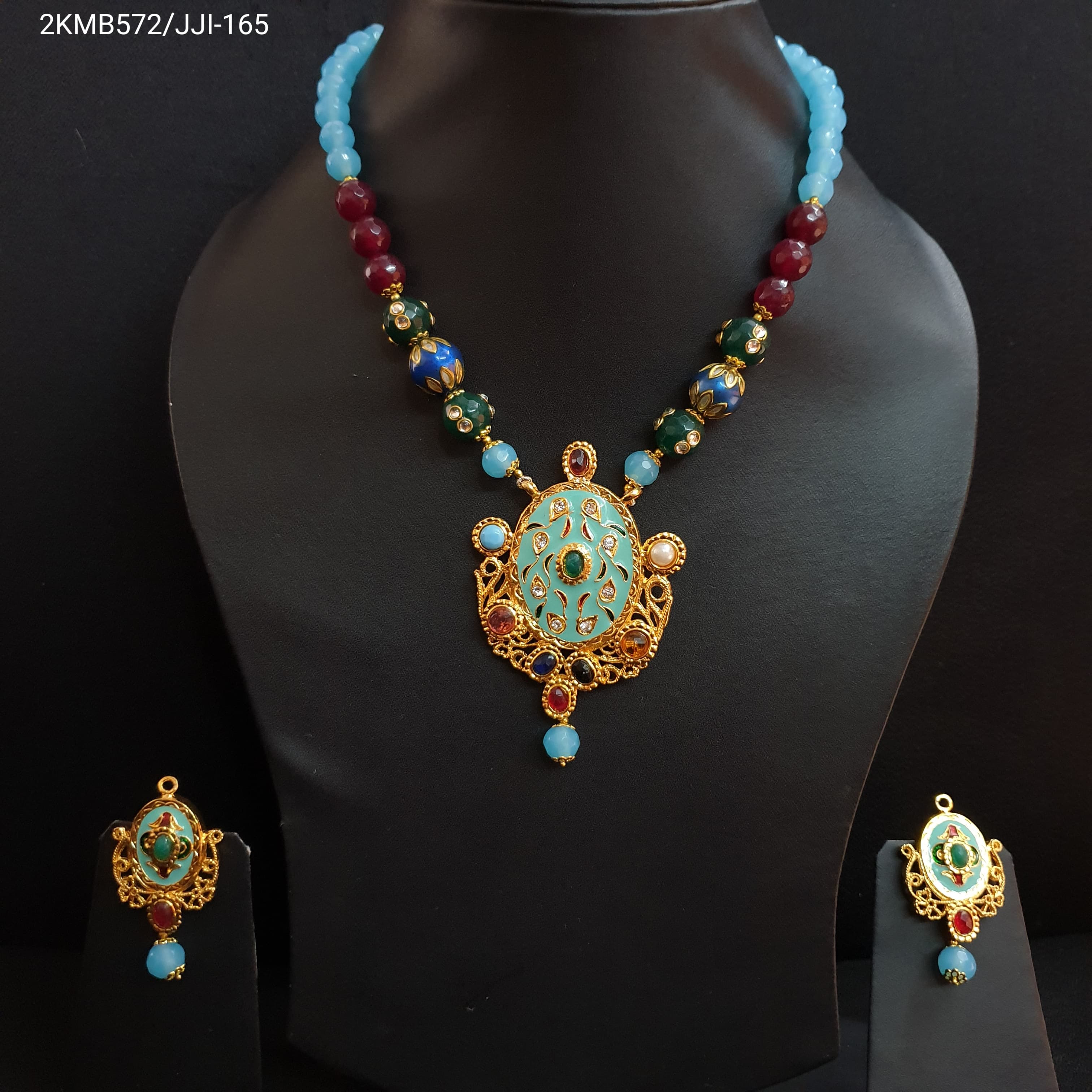 Blue Meenakari Beaded Pendant Set With Earrings