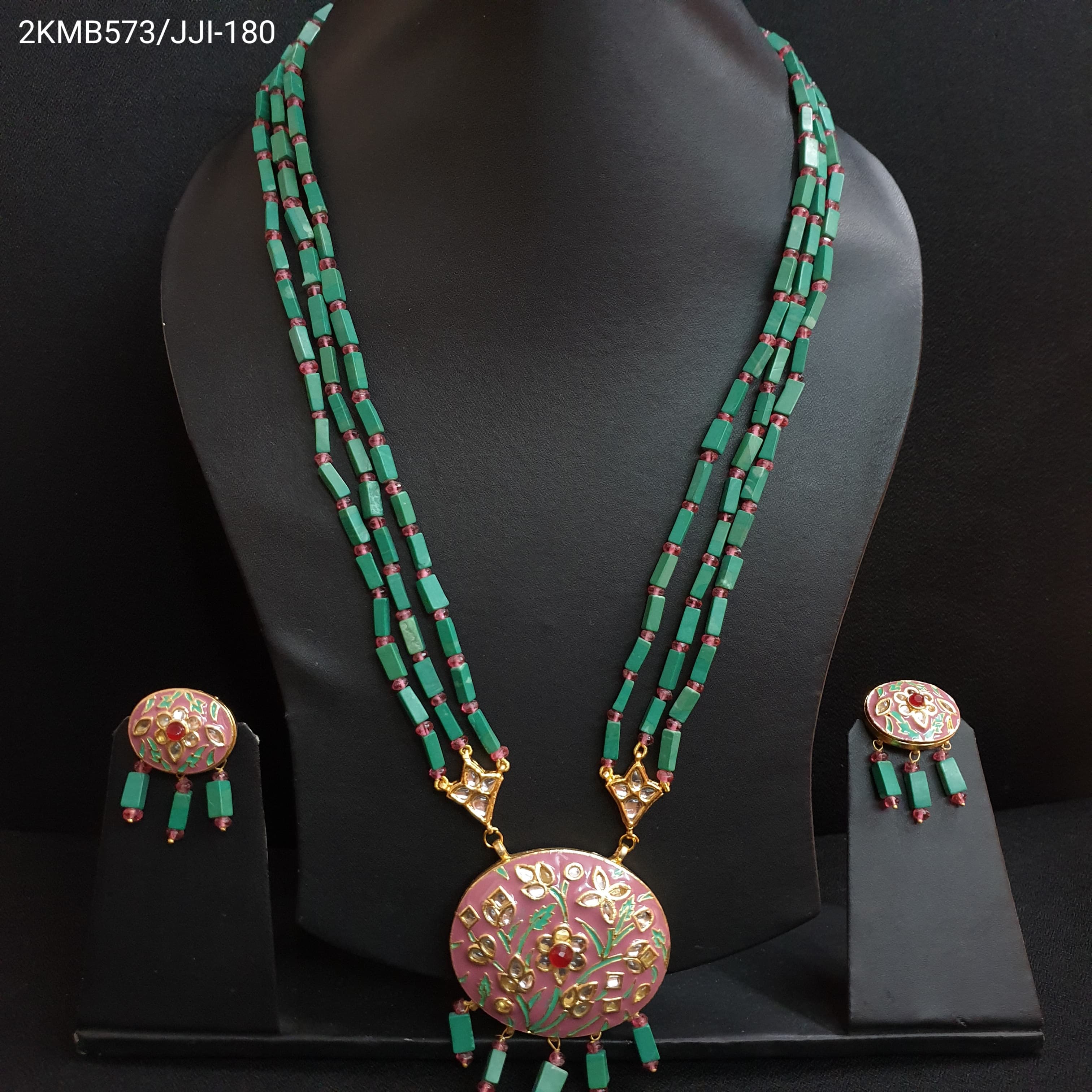 Pink Meenakari Green Beaded Pendant Set With Earrings