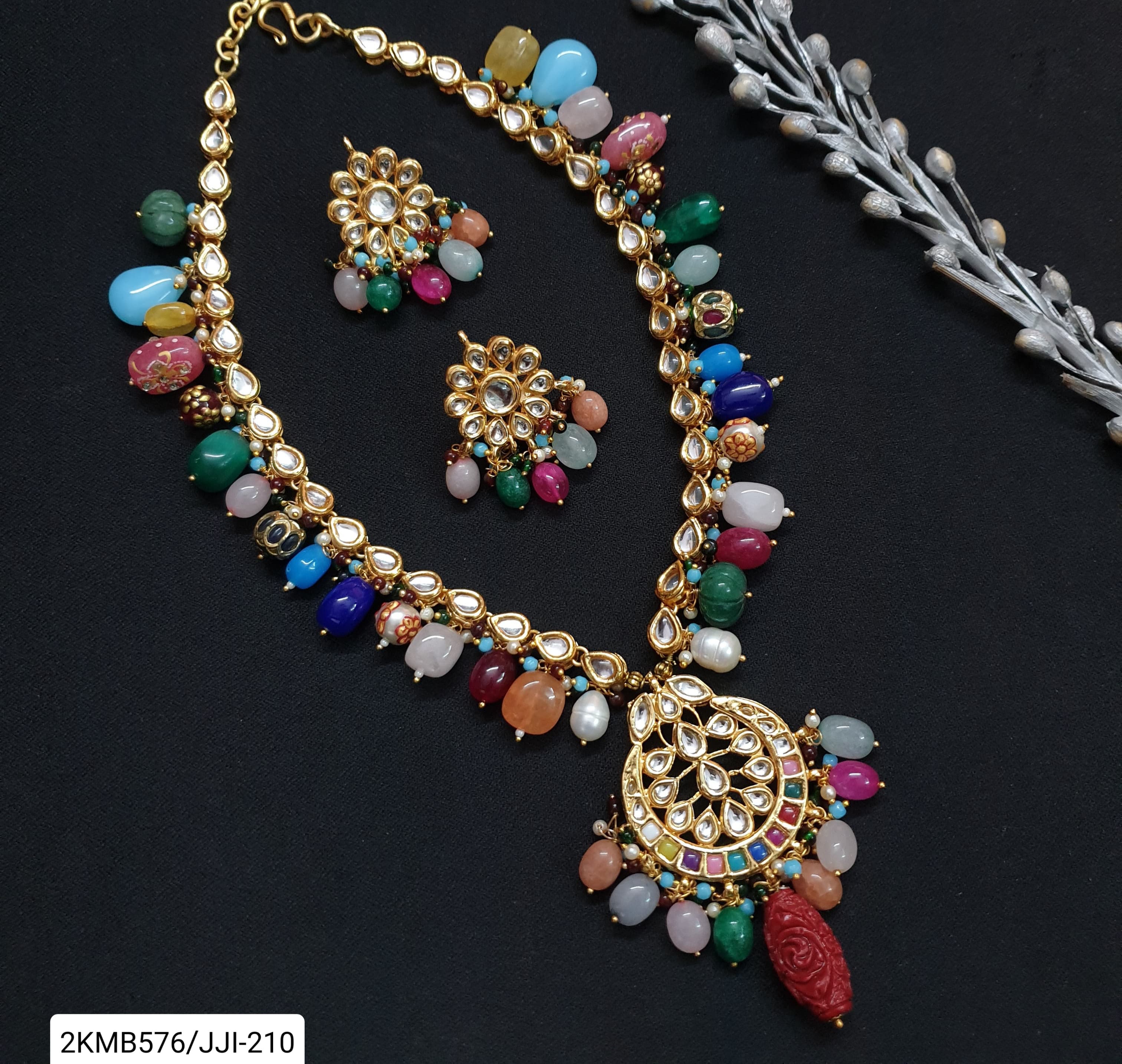 Kundan Multi Beaded Stone Pendant Set With Earrings